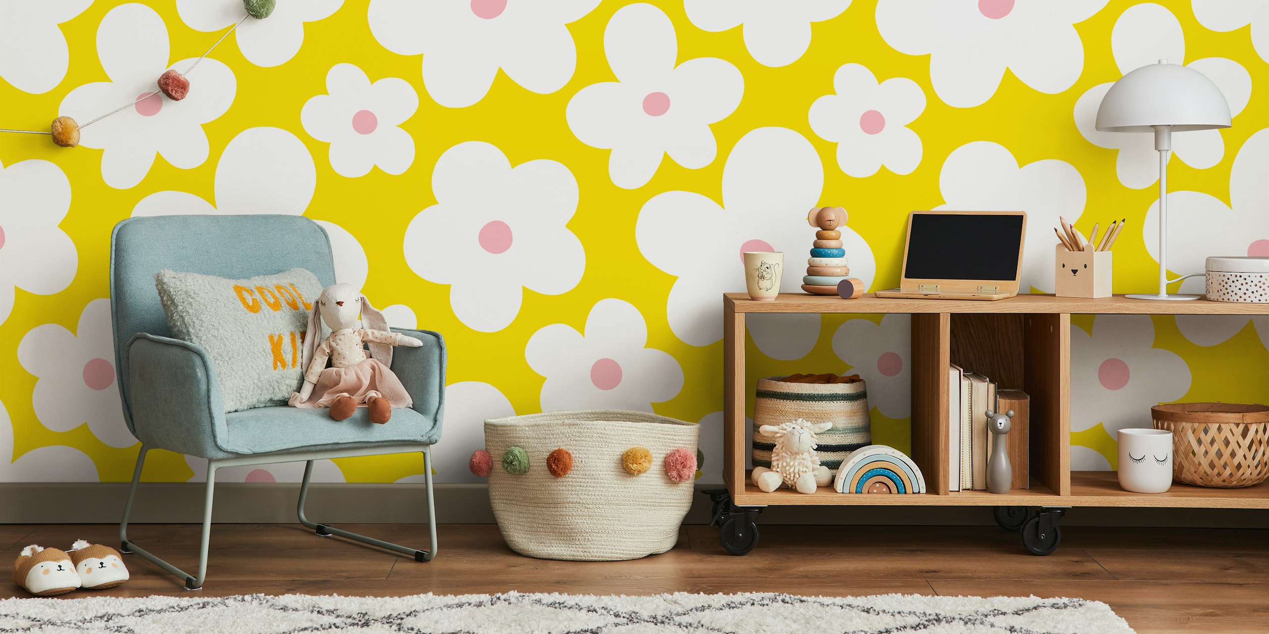 Lulu Scandi Flowers wallpaper in a bright room