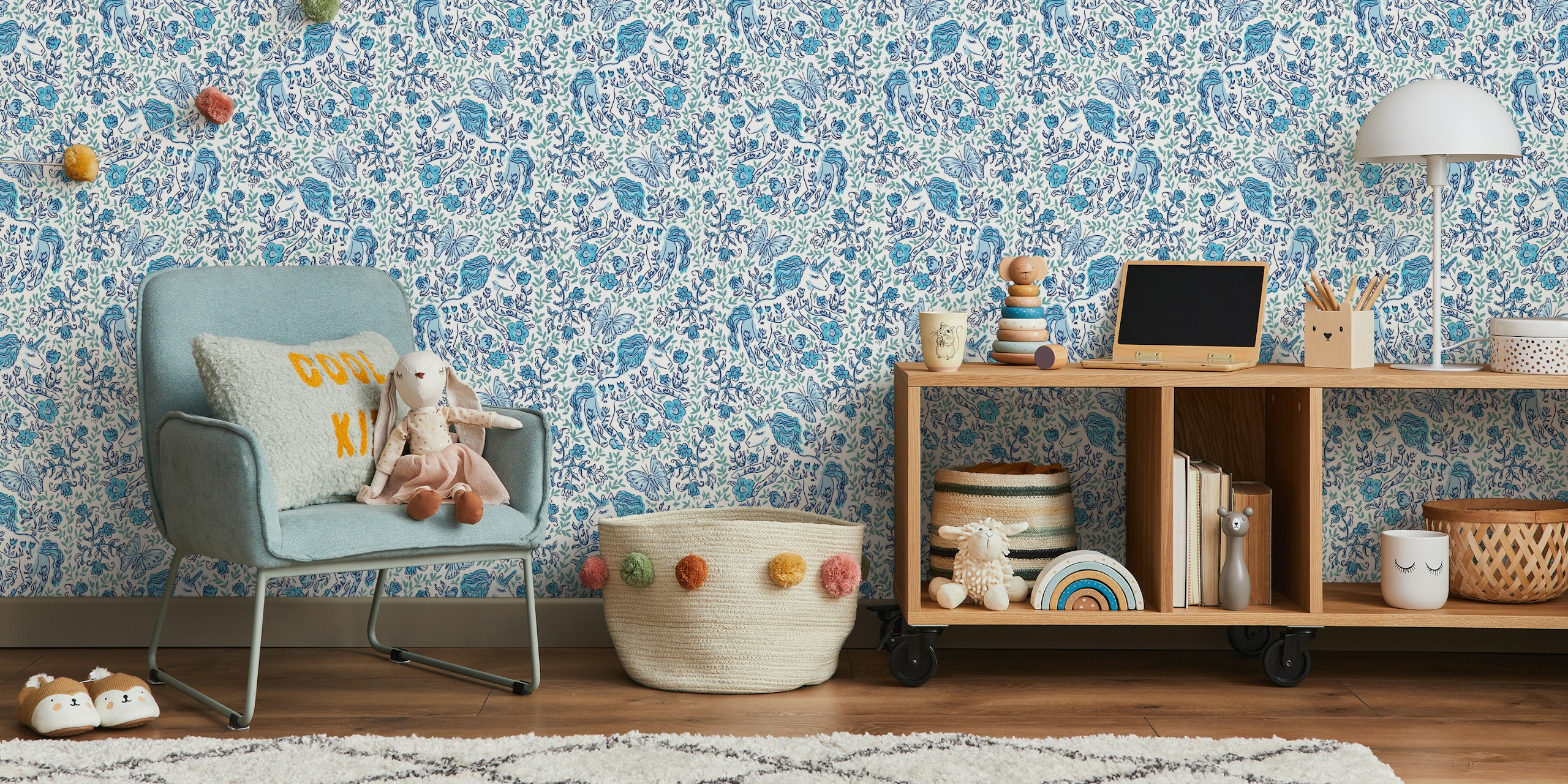 Unicorn blue Hamptons wallpaper in a room