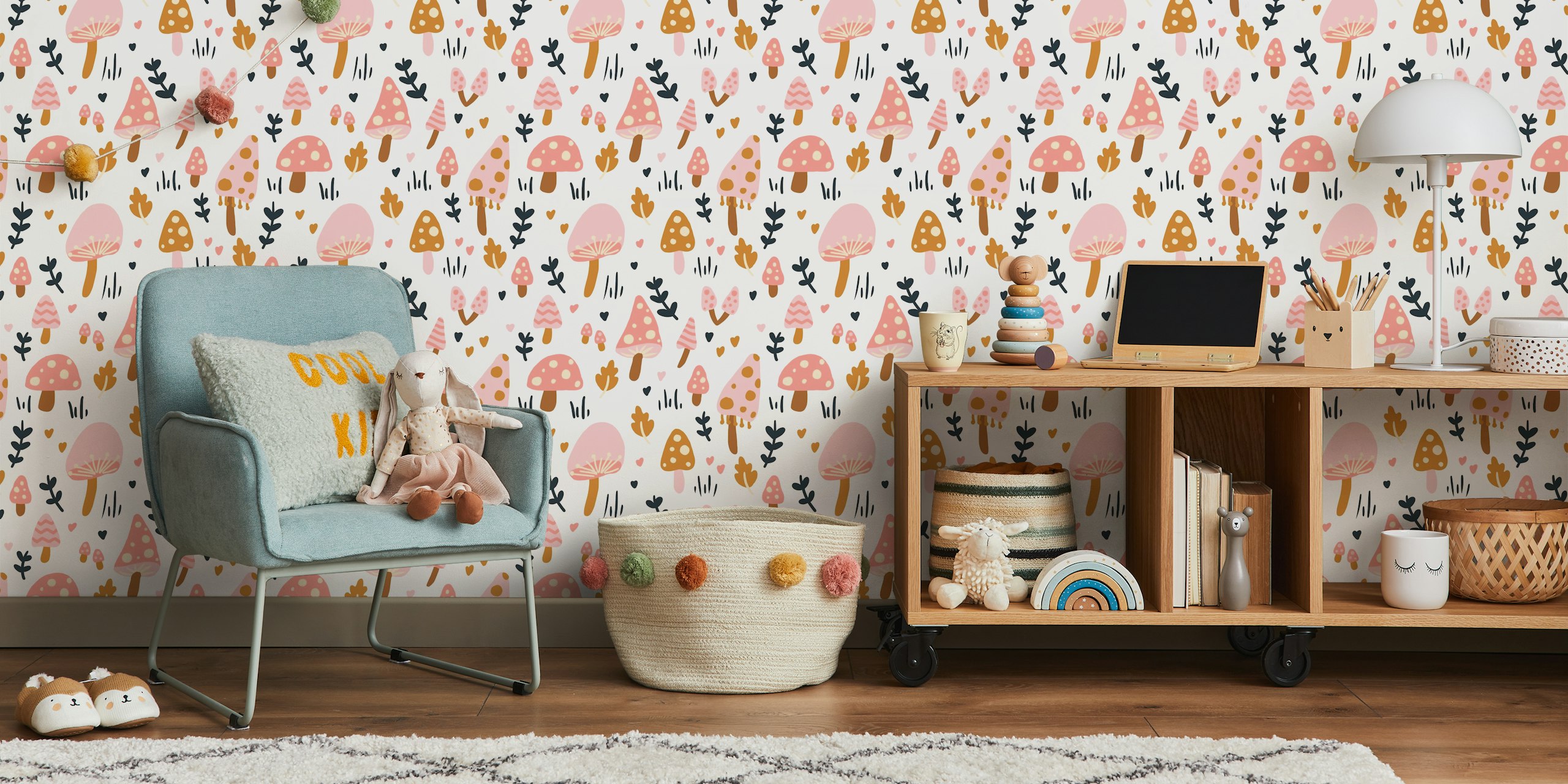Pink Mushroom wallpaper design in a room