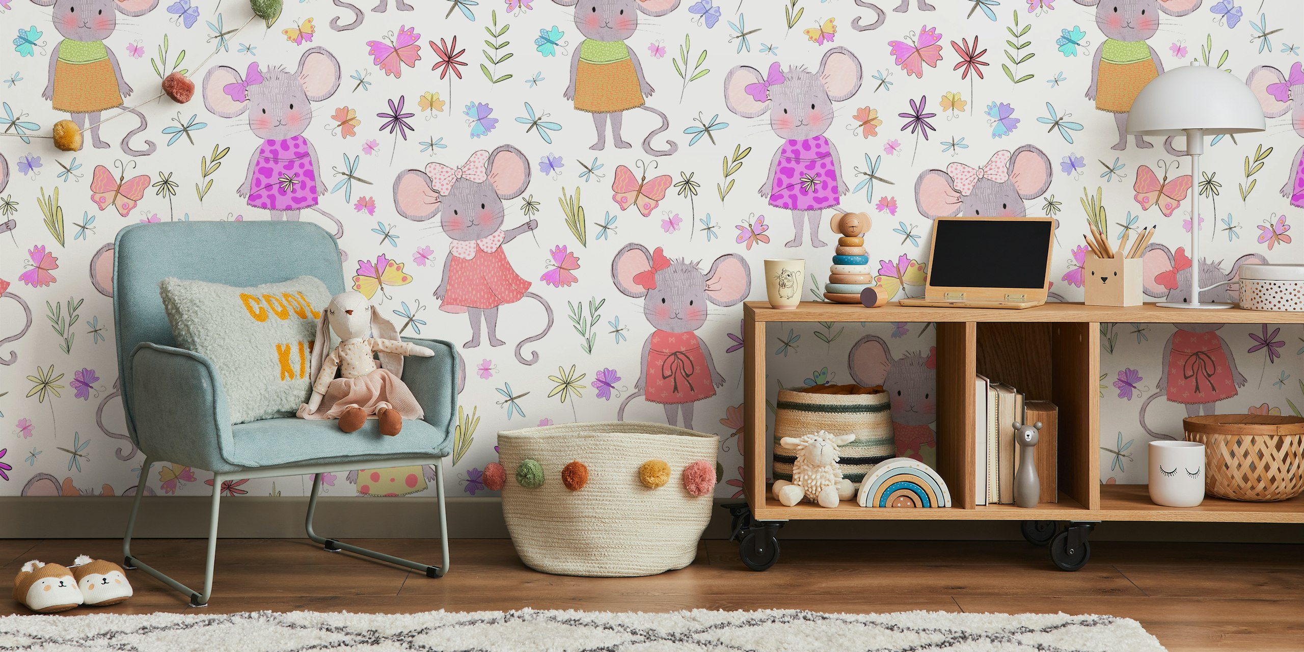 Colorful mice in dresses with flowers on a light background wallpaper