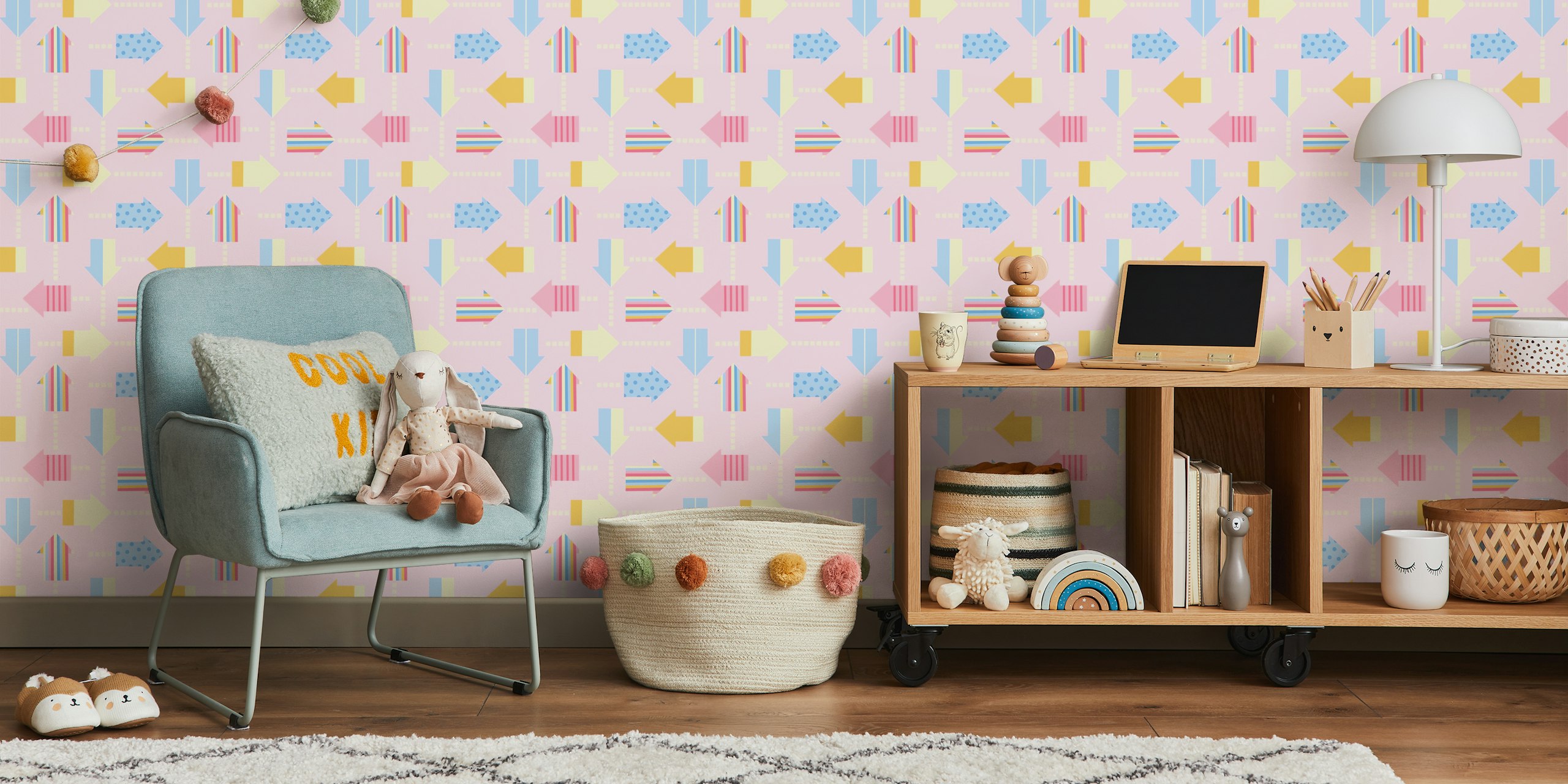 Colorful arrows in pink, blue and yellow wallpaper