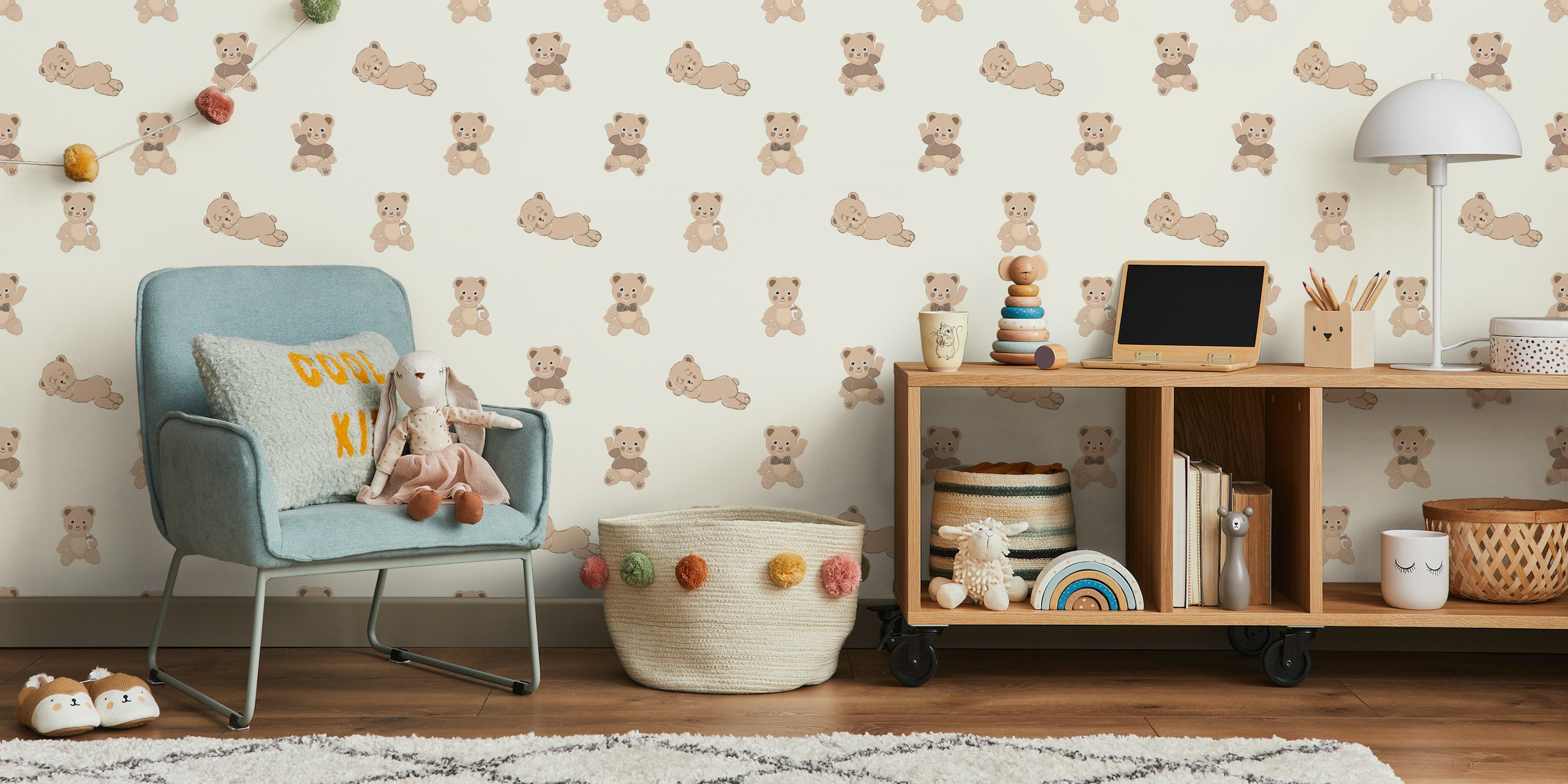 Teddy bears in various poses on a soft cream background wallpaper