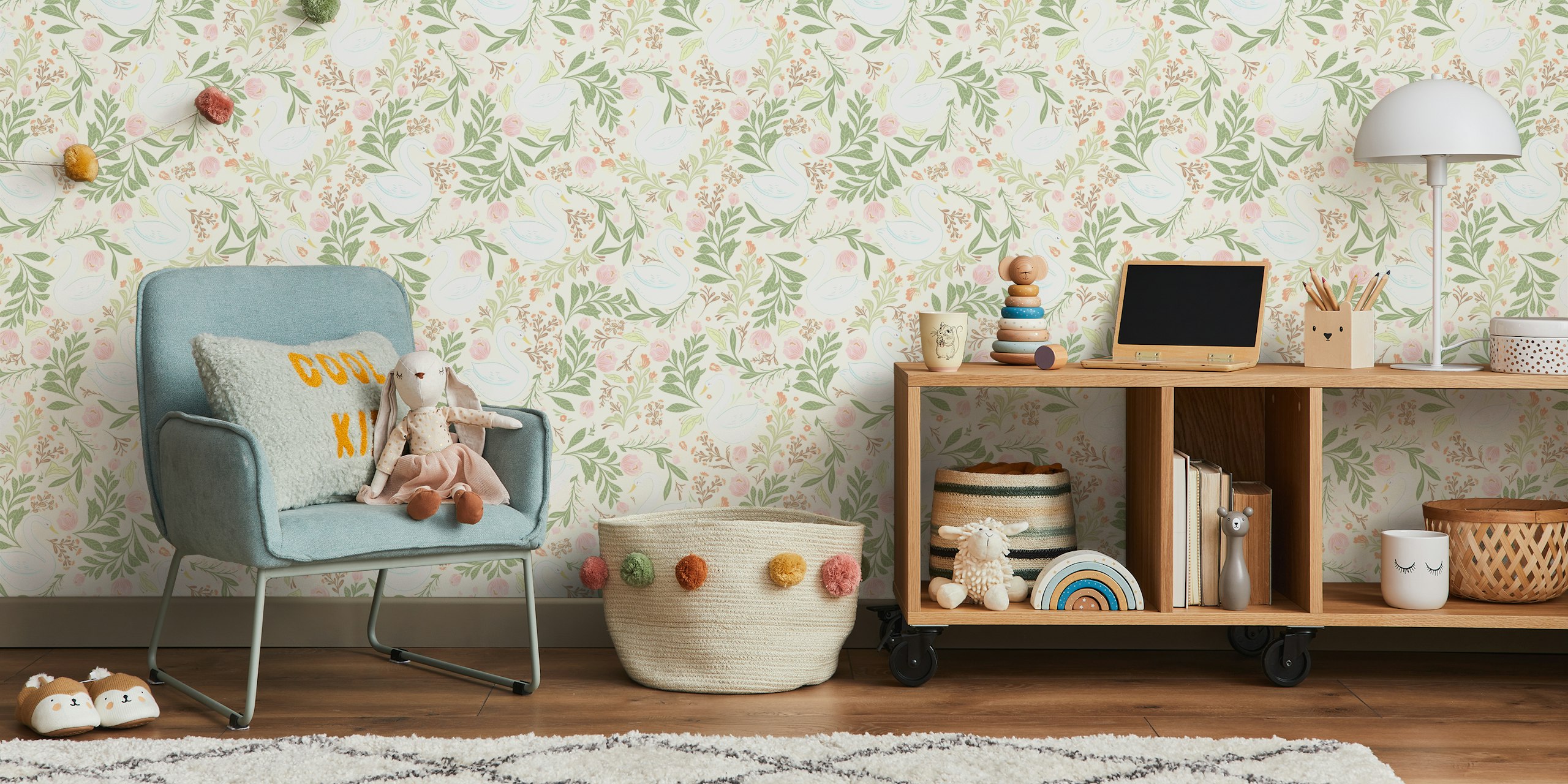 Whimsical swans and flowers wallpaper design