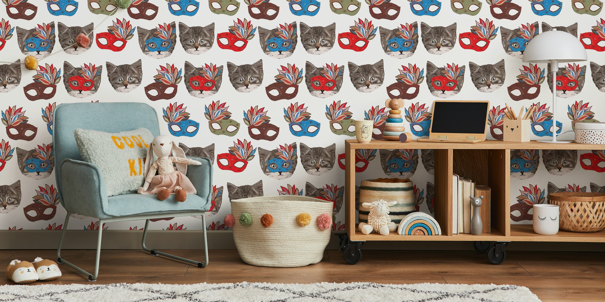 Cat faces with colorful masks and floral elements wallpaper