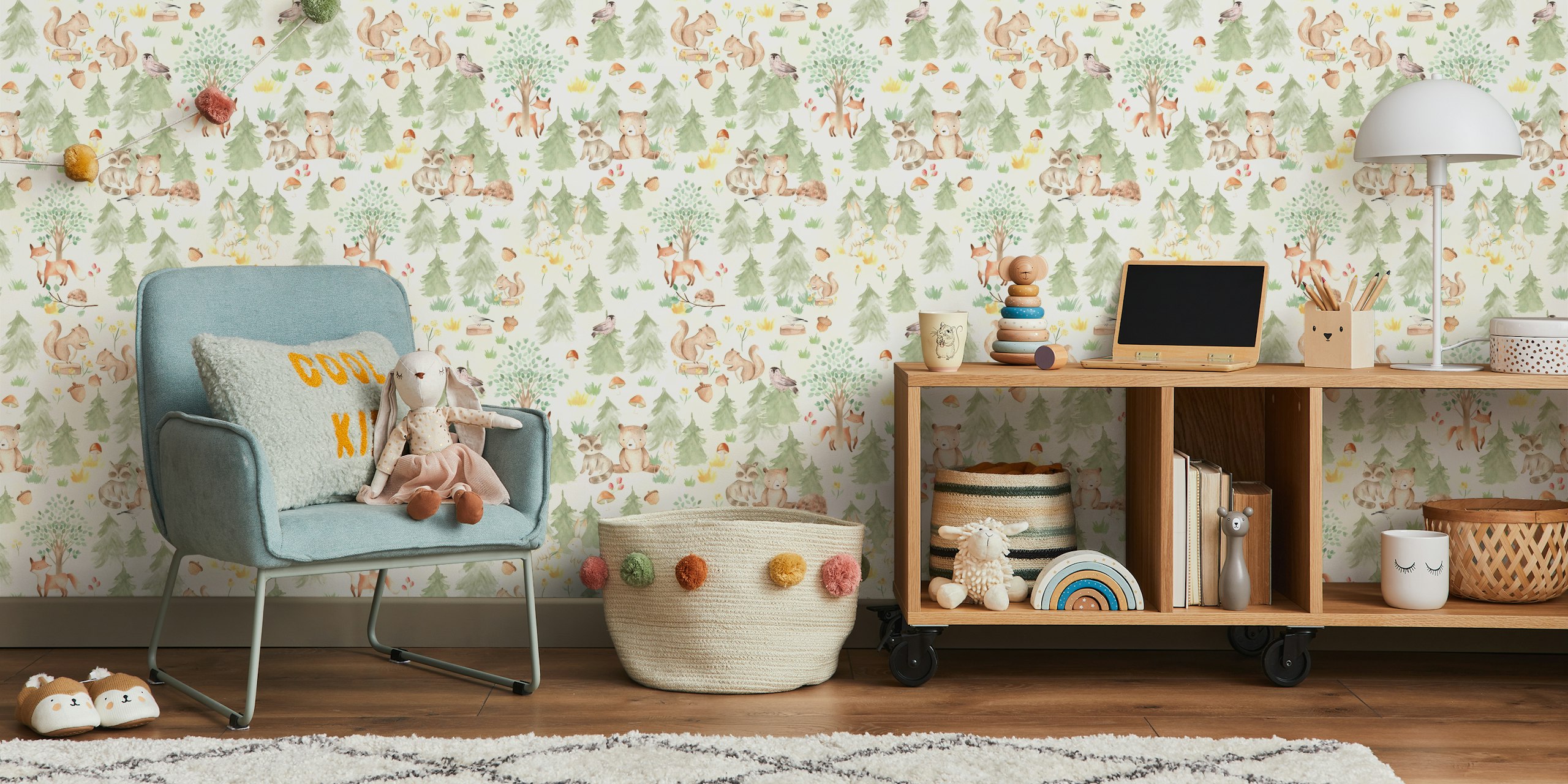 Woodland friends like bears, rabbits, and squirrels in a green forest wallpaper