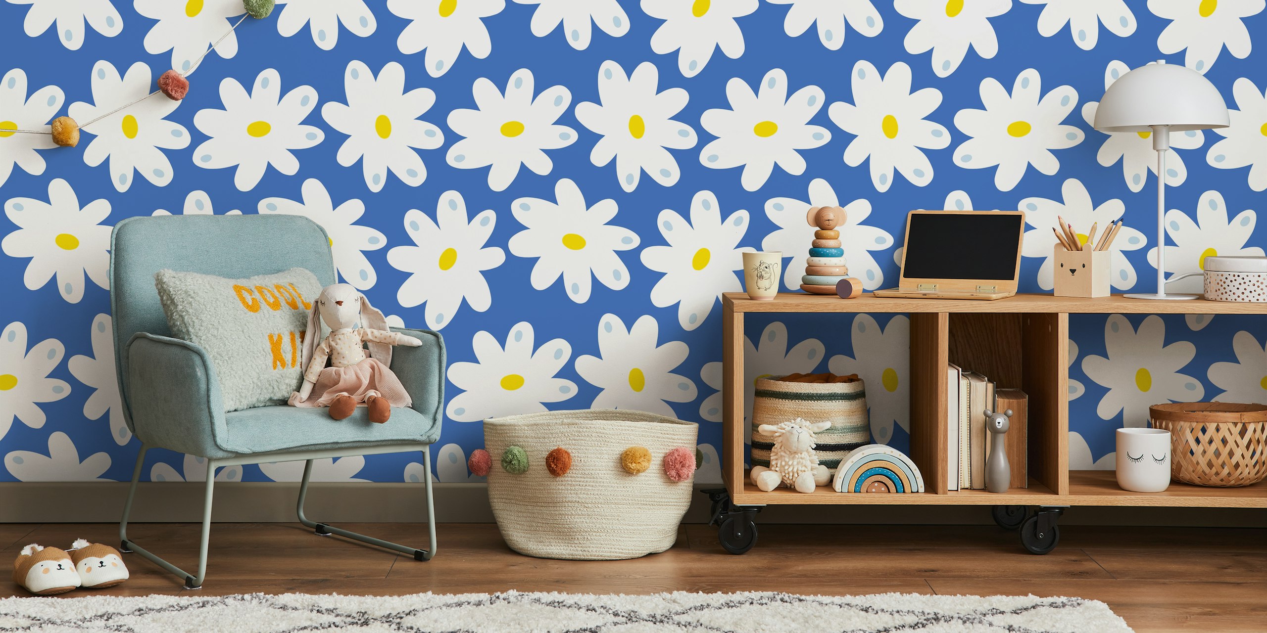 Happy Daisies Cobalt Blue wall mural with white daisies and yellow centers on a blue background