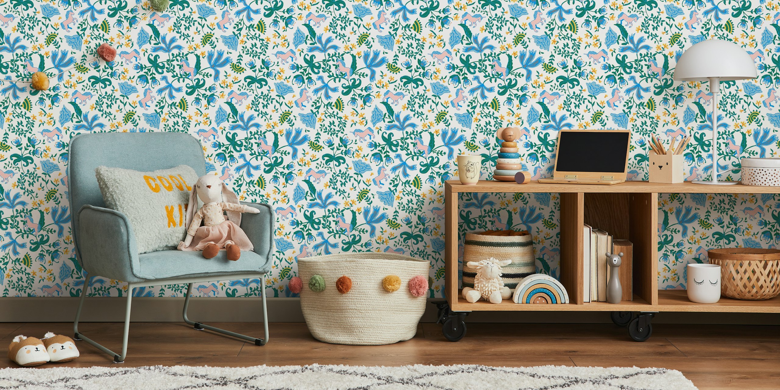 Unicorns and floral patterns in blue, green, and pink wallpaper