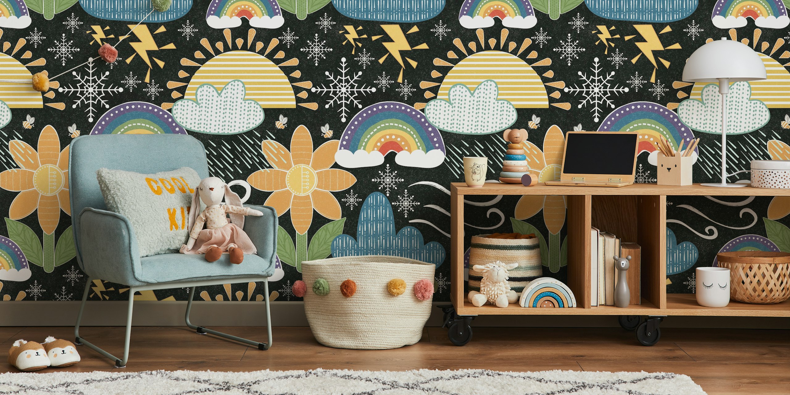 Colorful weather pattern wallpaper with clouds, flowers, rainbows, and snowflakes