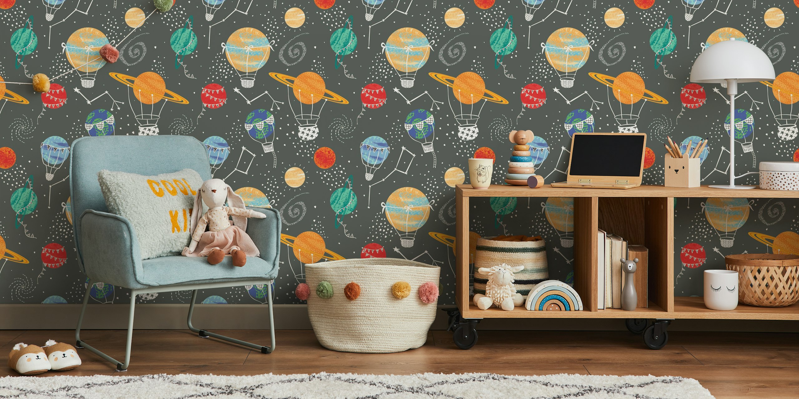 Colorful hot air balloons and planets on a charcoal background wallpaper