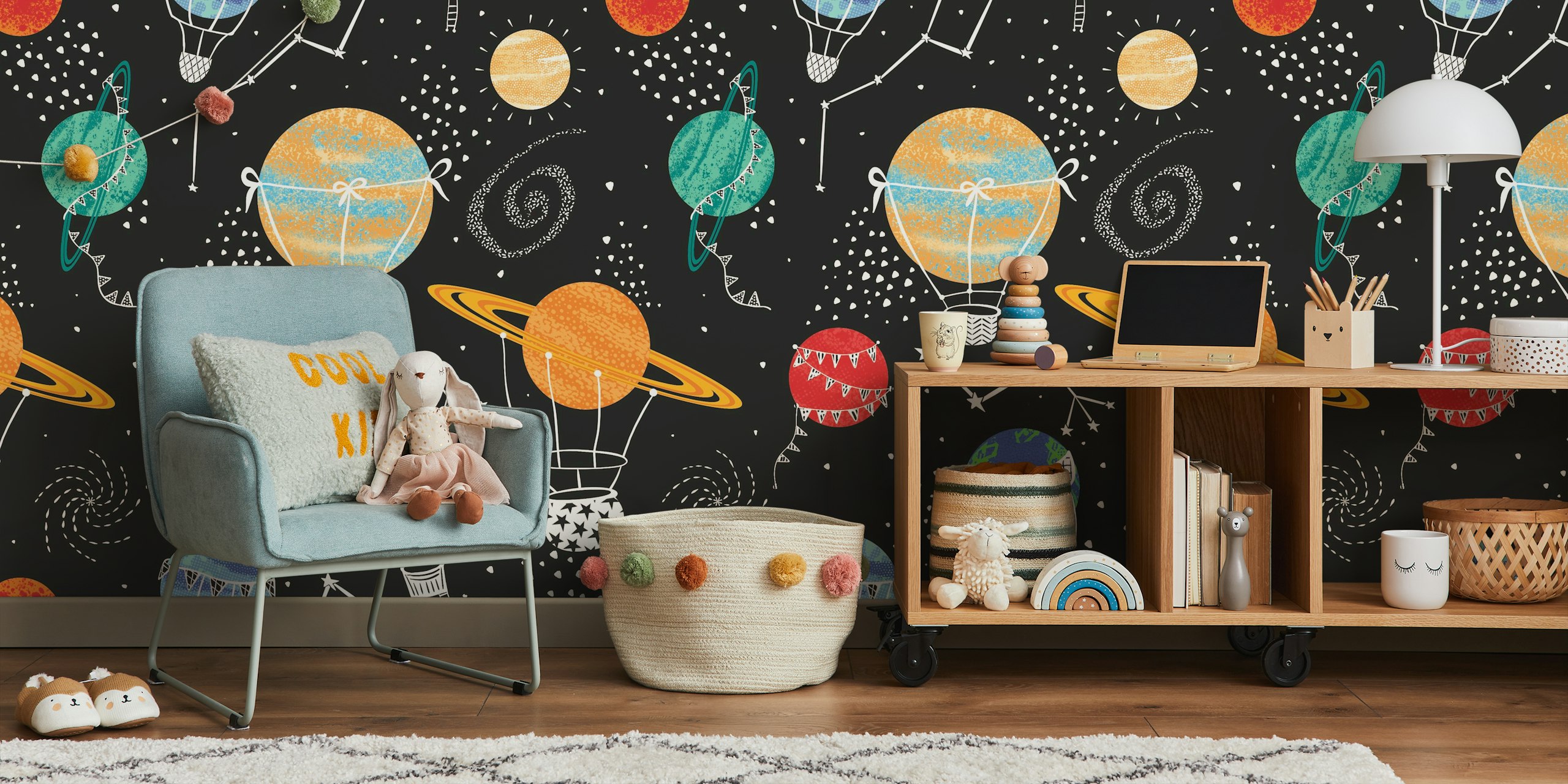 Papel de parede Whimsical Galaxy com elementos coloridos