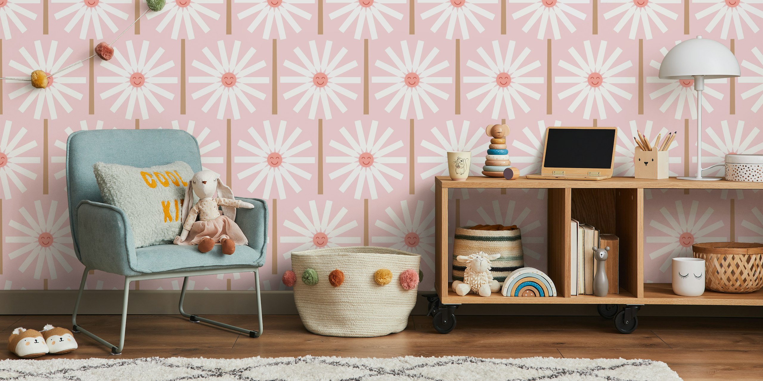 Happy Daisy soft pink wallpaper in a room