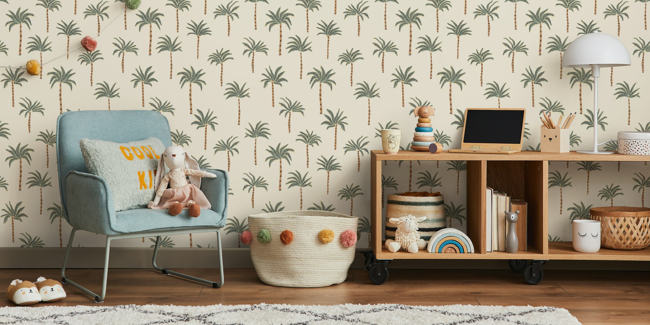 A pattern of soft green and brown palm trees on a cream wall mural background