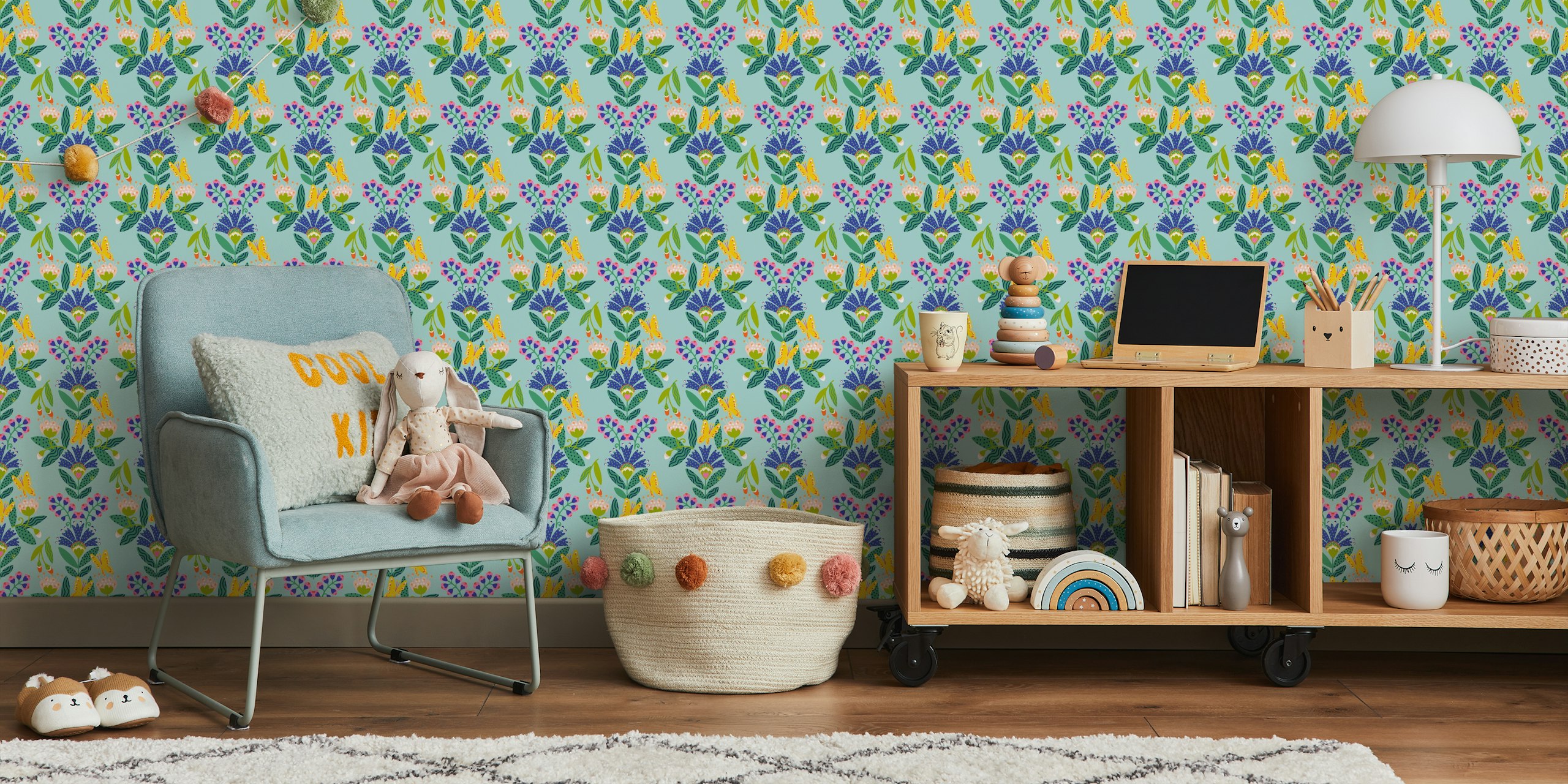 Colorful floral pattern with butterflies and flowers on blue background wallpaper