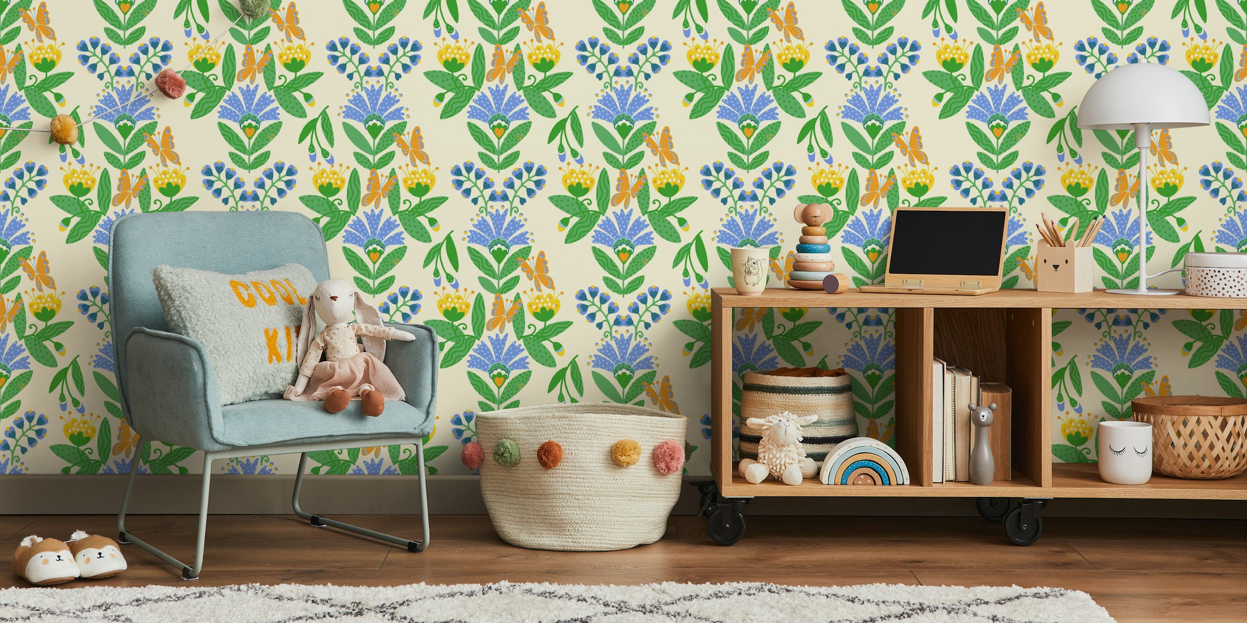 Scandinavian Folk Flowers wall mural with blue and yellow flowers on a light background.