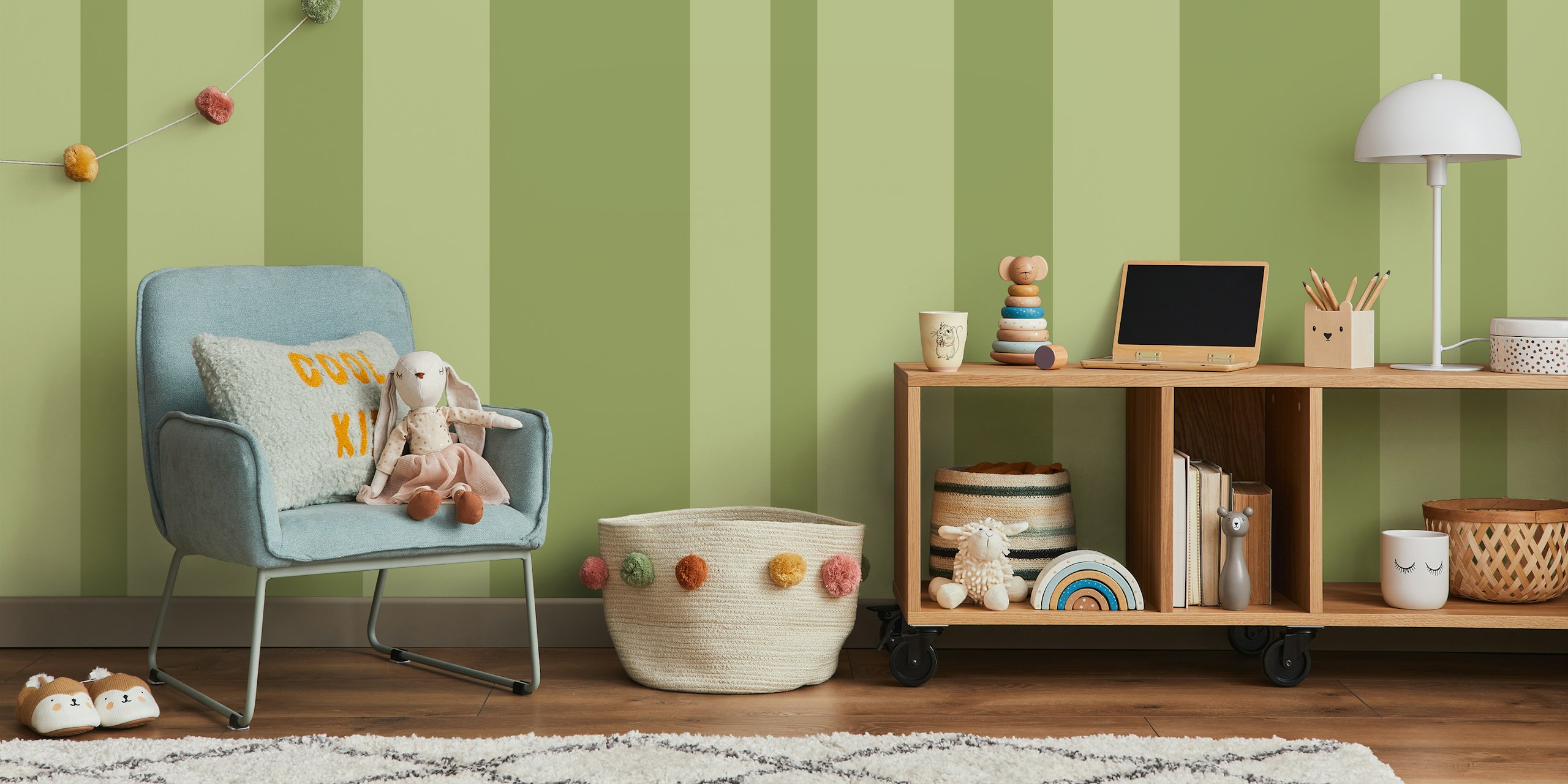 Muted green stripes wallpaper in various shades of green