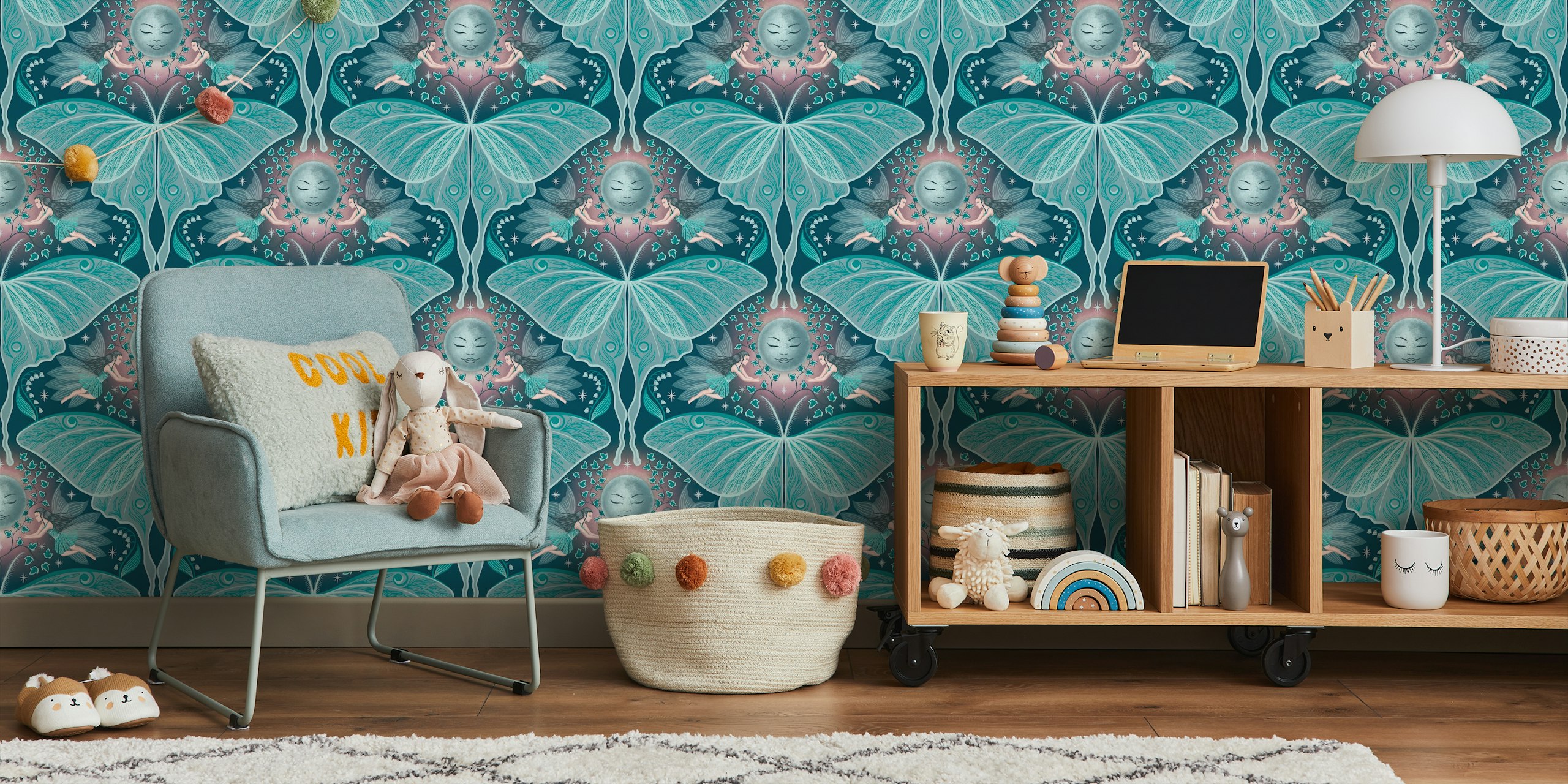 Fairy and butterfly pattern in teal and pink wallpaper