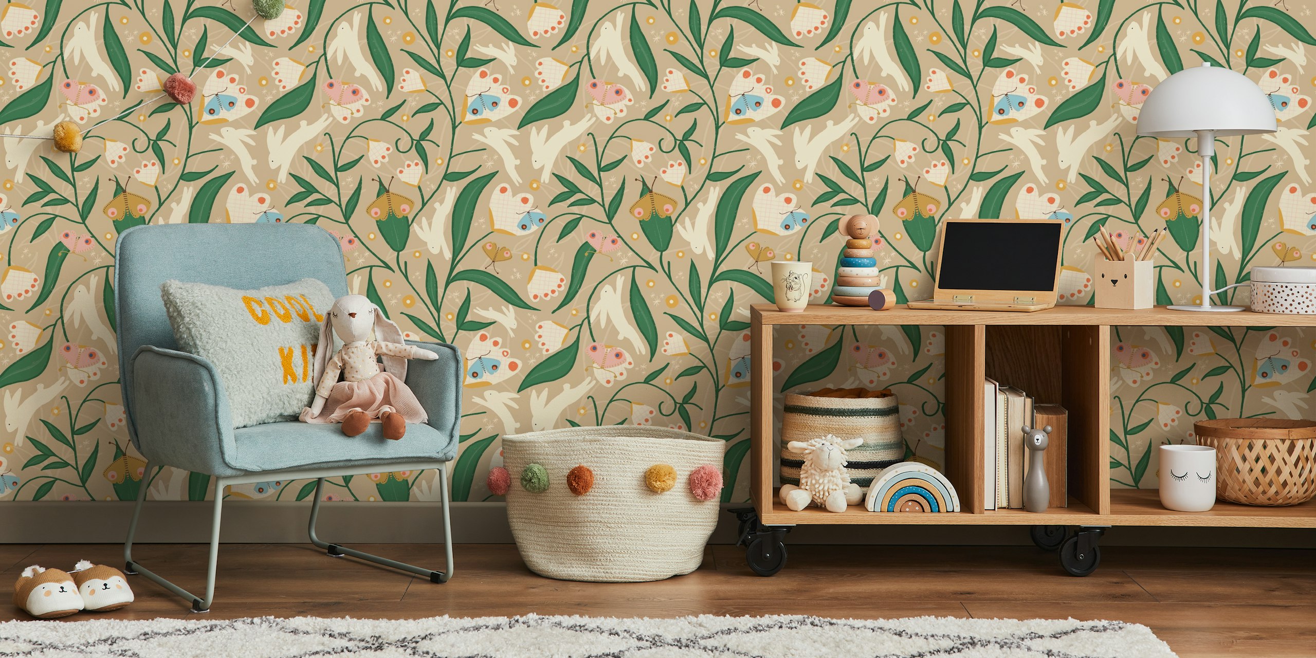 Whimsical floral design with bunnies and leaves, beige background wallpaper