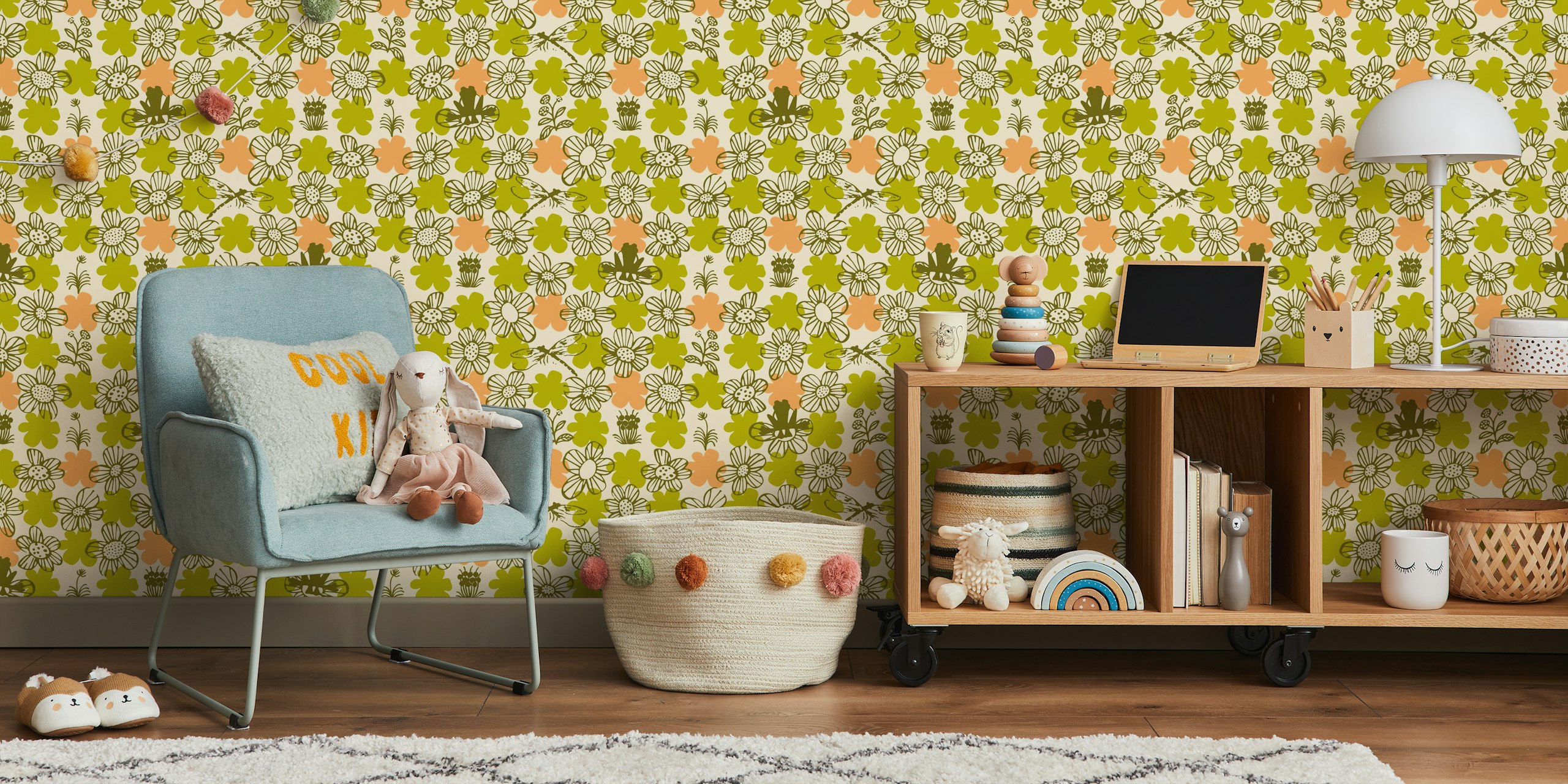 Olive green floral pattern with orange accents on beige wallpaper
