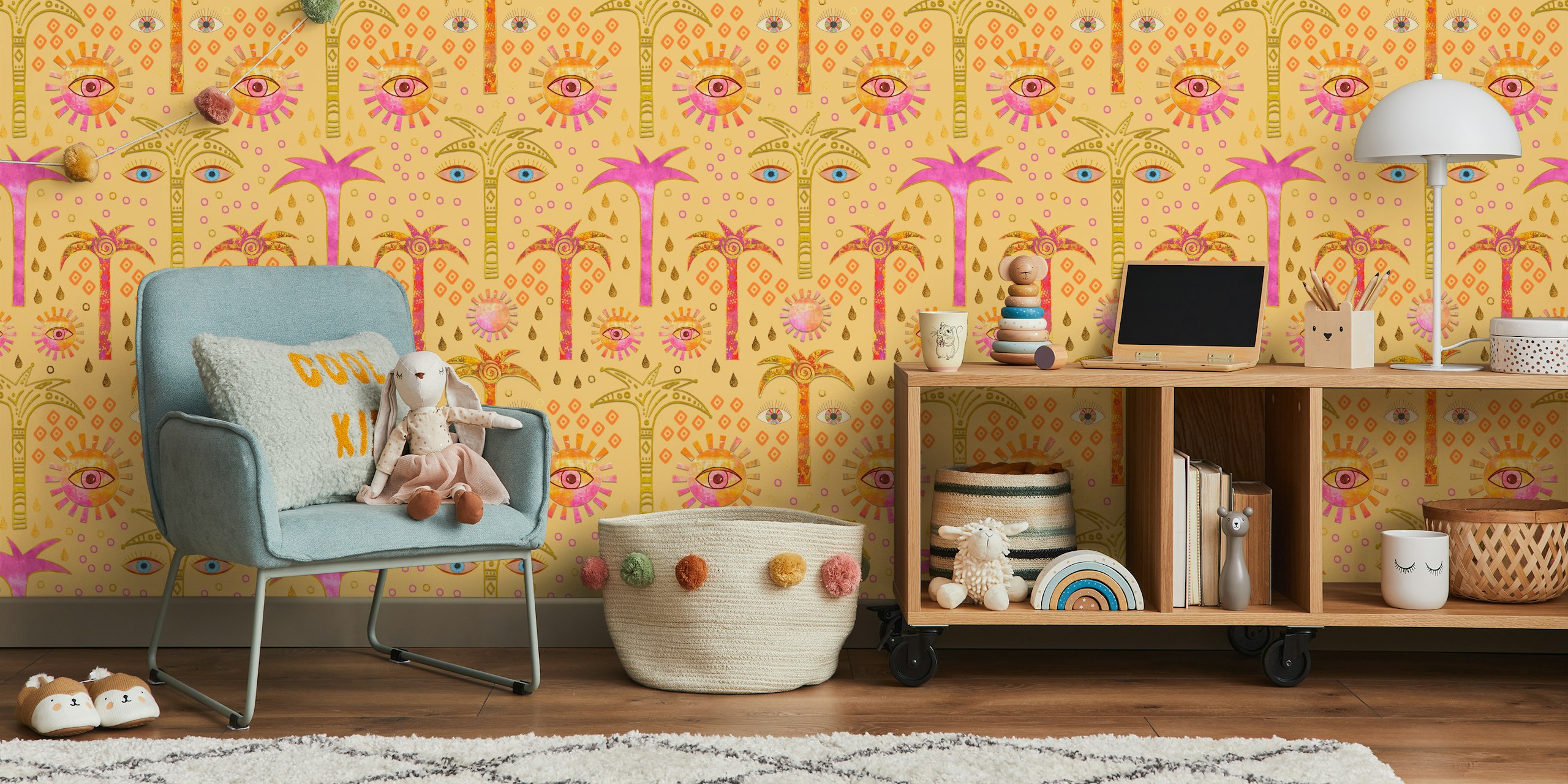Surreal Oriental Mystic wall mural with magic eyes and palms on a yellow background