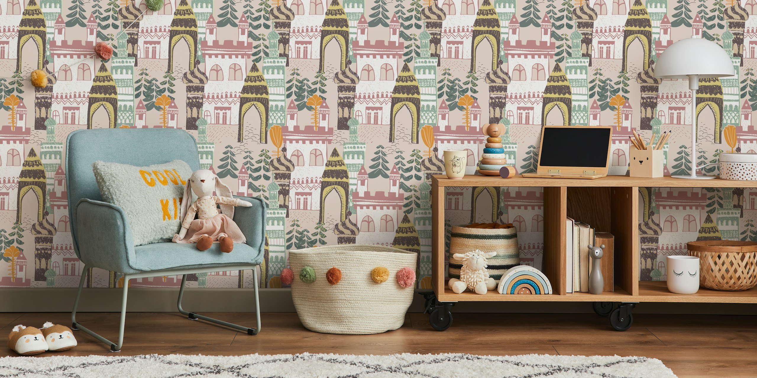 Whimsical castle pattern with earthy colors and illustrations wallpaper