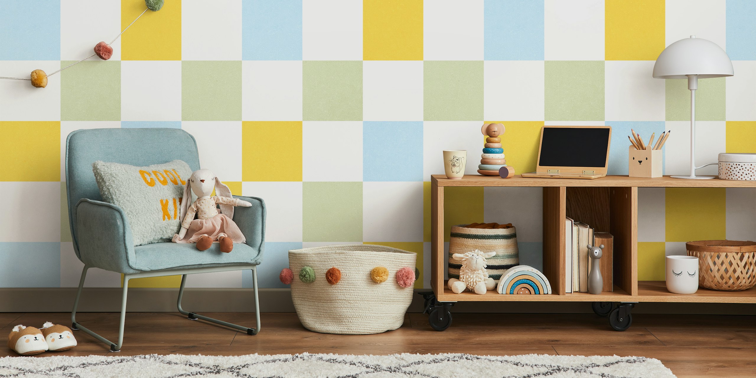 Retro Pastel Checkered Wall Mural in Sunny Green, Yellow, and Blue