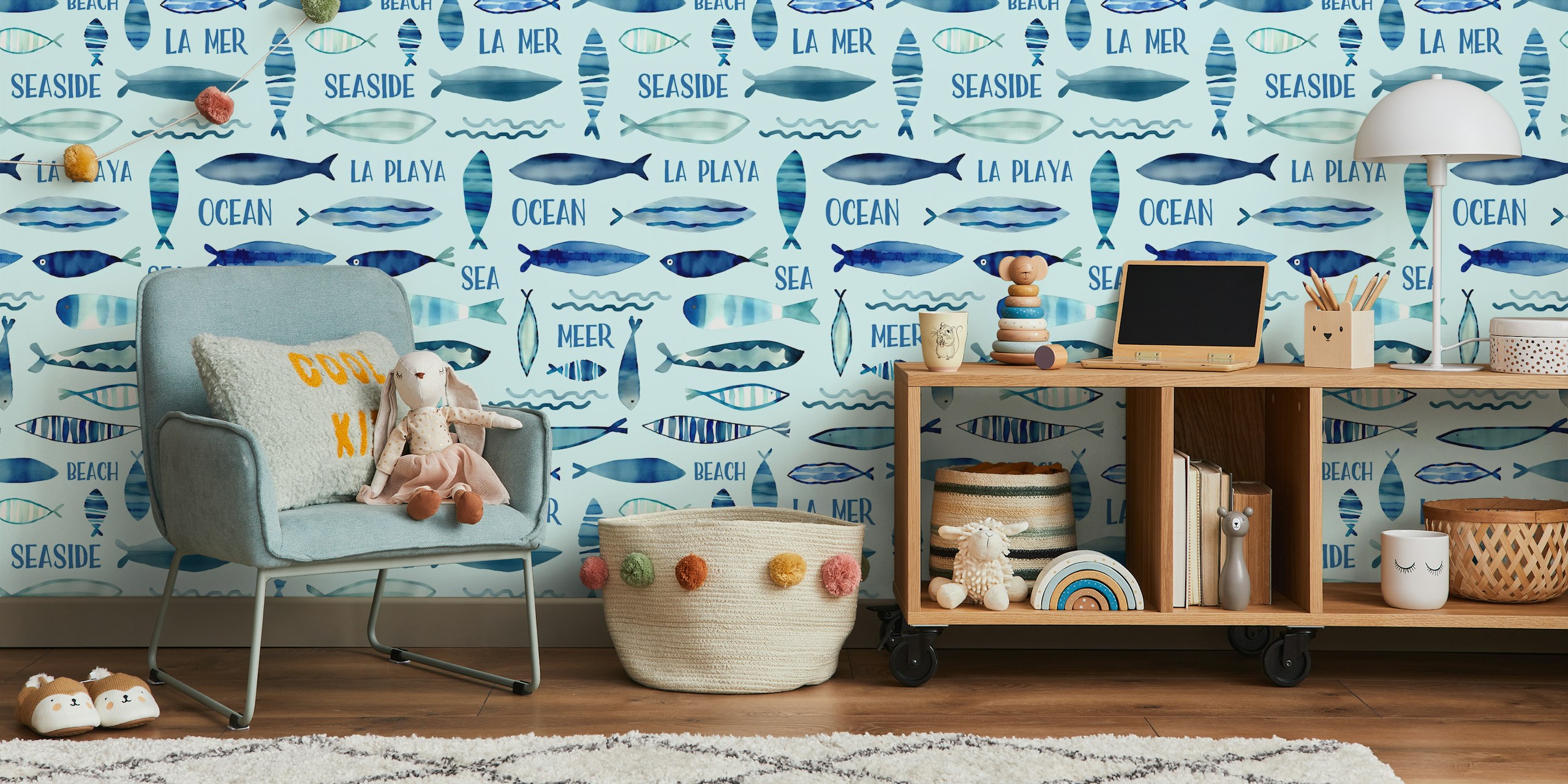 Whimsy watercolor fish wallpaper in a room