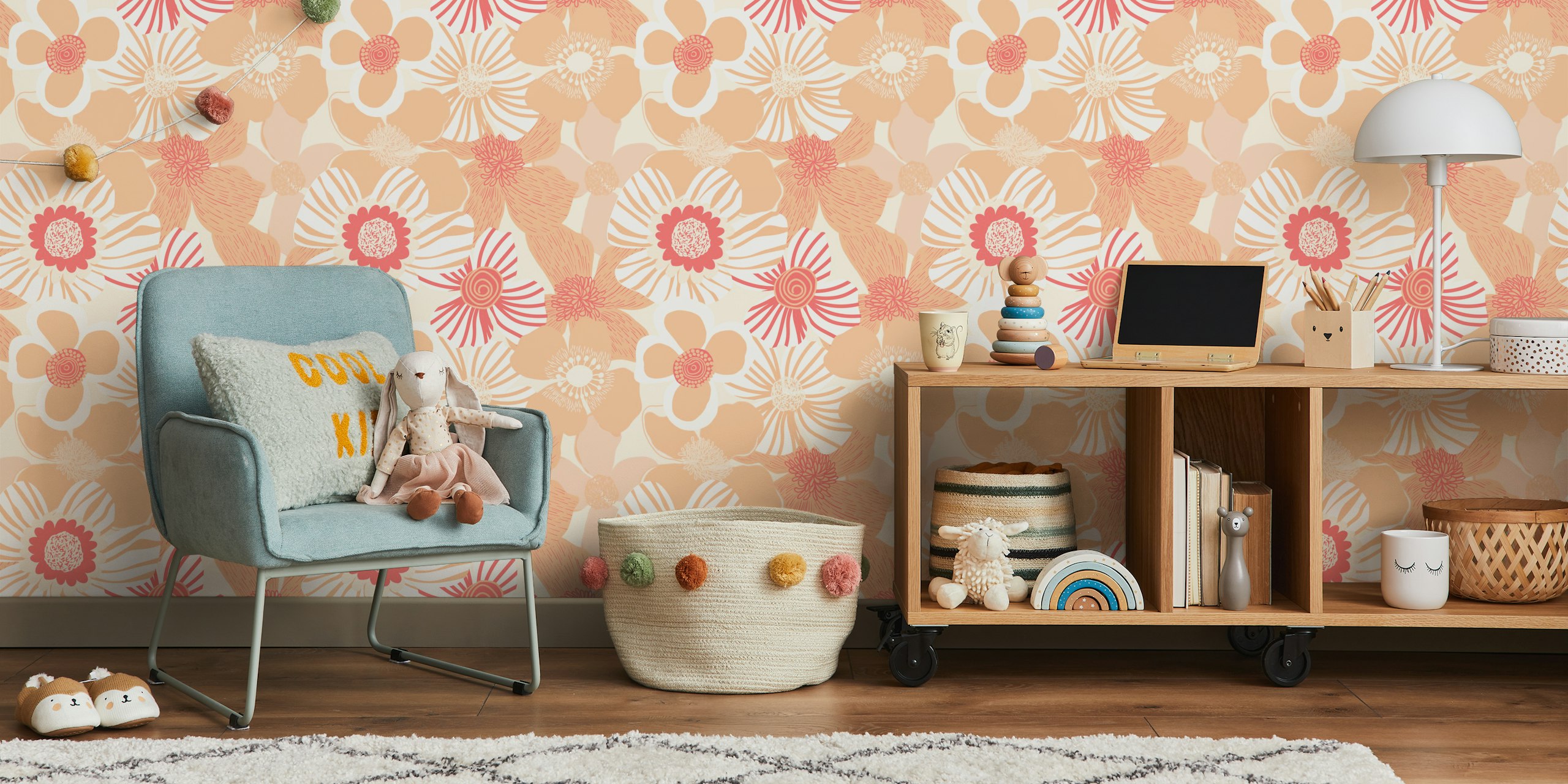 Colorful floral patterns in peach and pink tones wallpaper