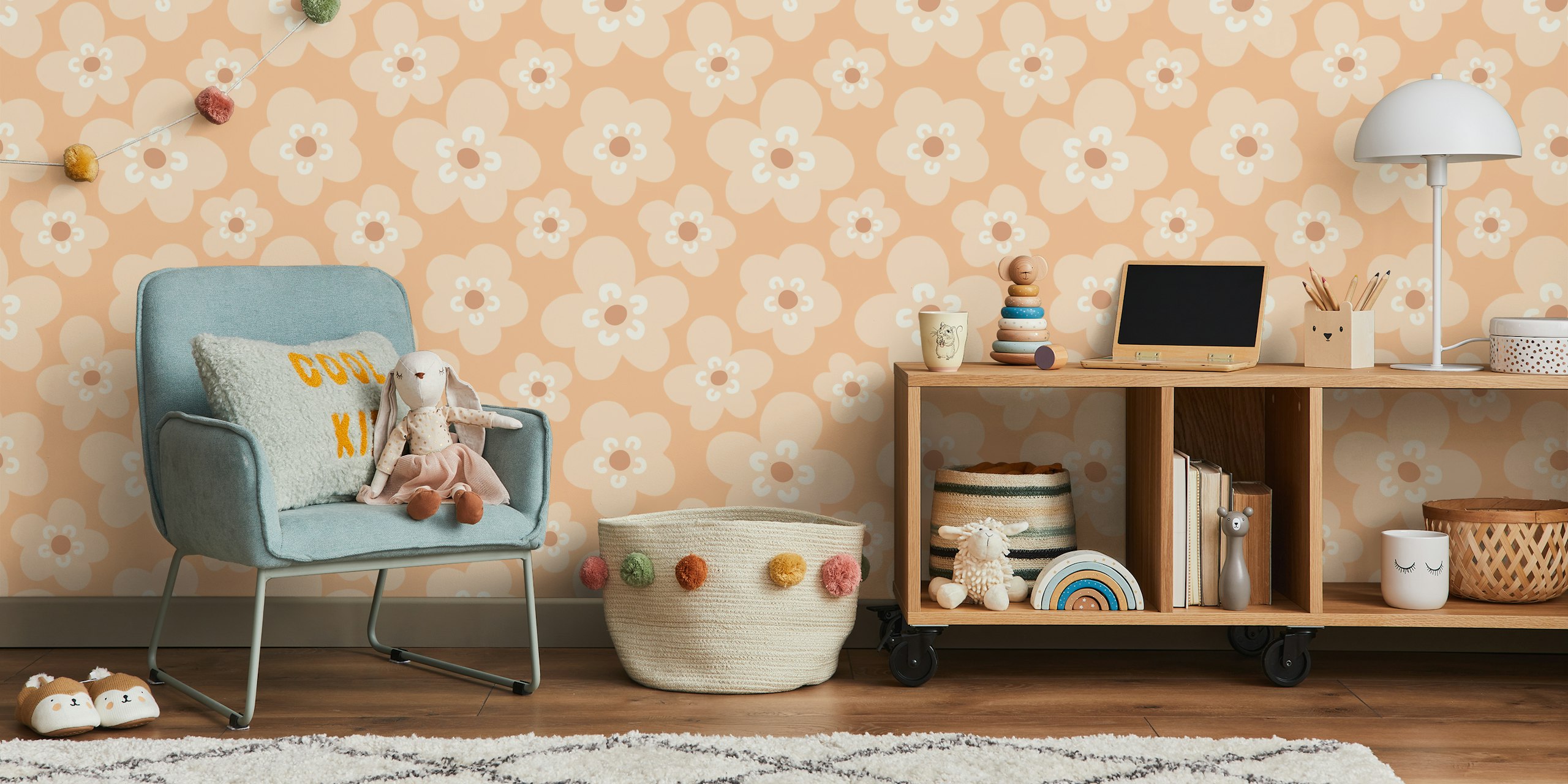 Fotomural vinílico de parede com padrão floral estilo scandi em tons suaves de pêssego