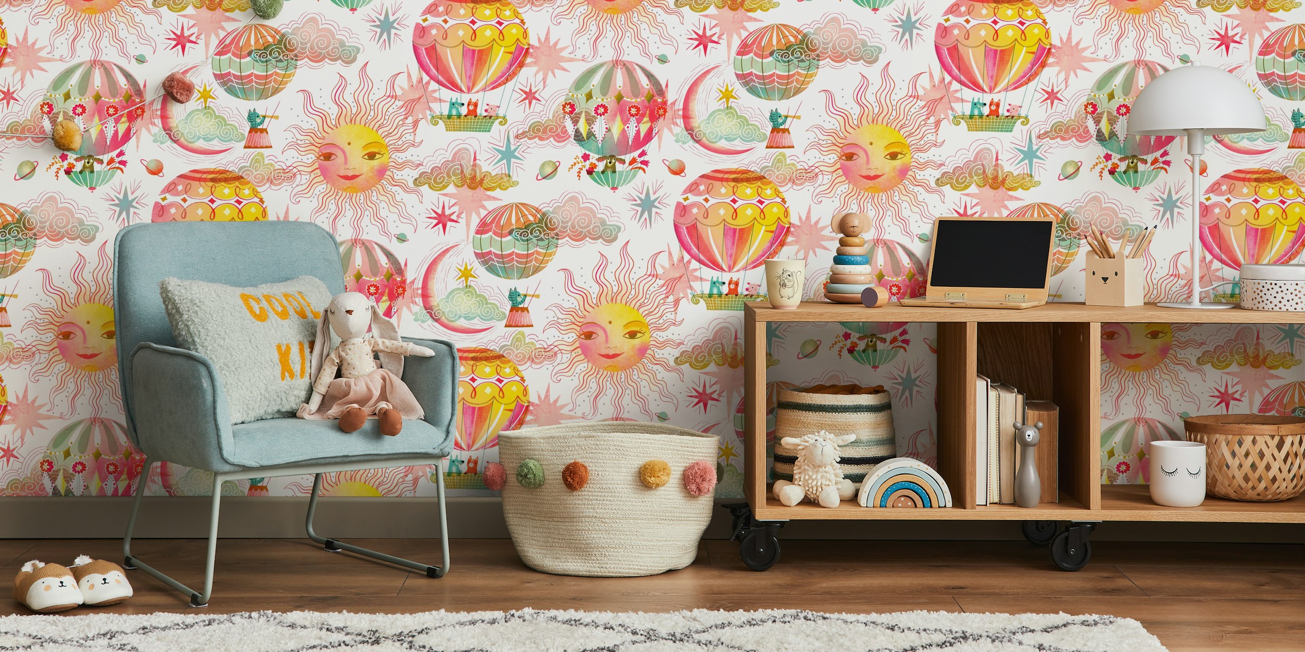 Colorful hot air balloons, bright stars and sun, whimsical wallpaper