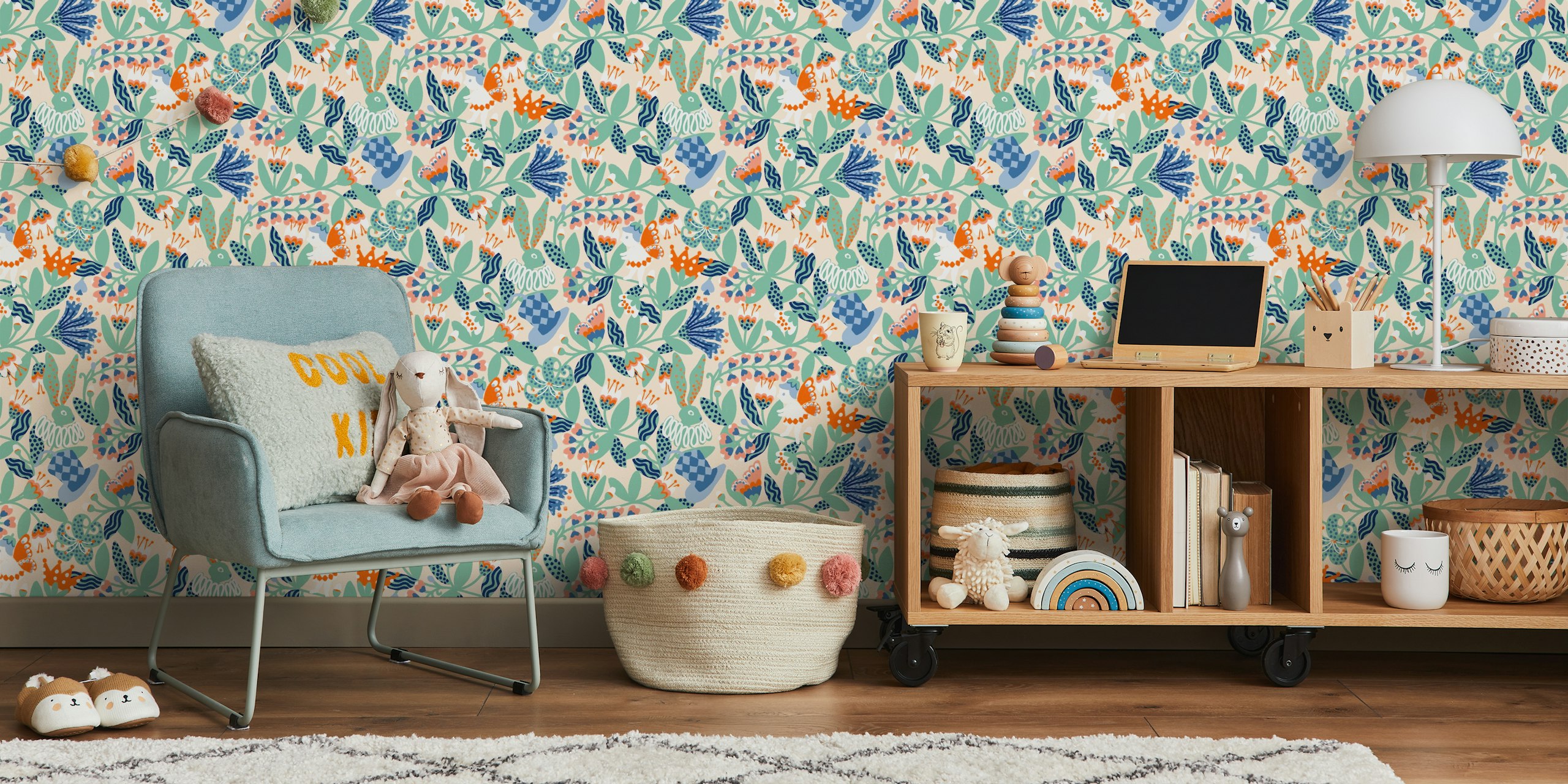 Pastel mint wall mural with whimsical garden design