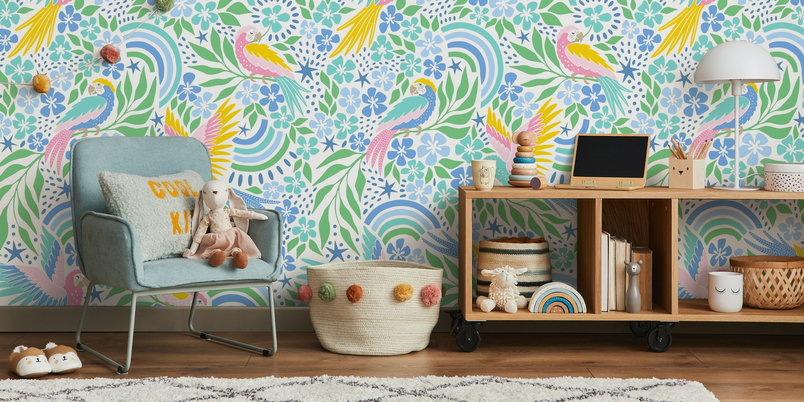 Tropical parrot wallpaper featuring colorful birds and flowers in blue, pink, and green