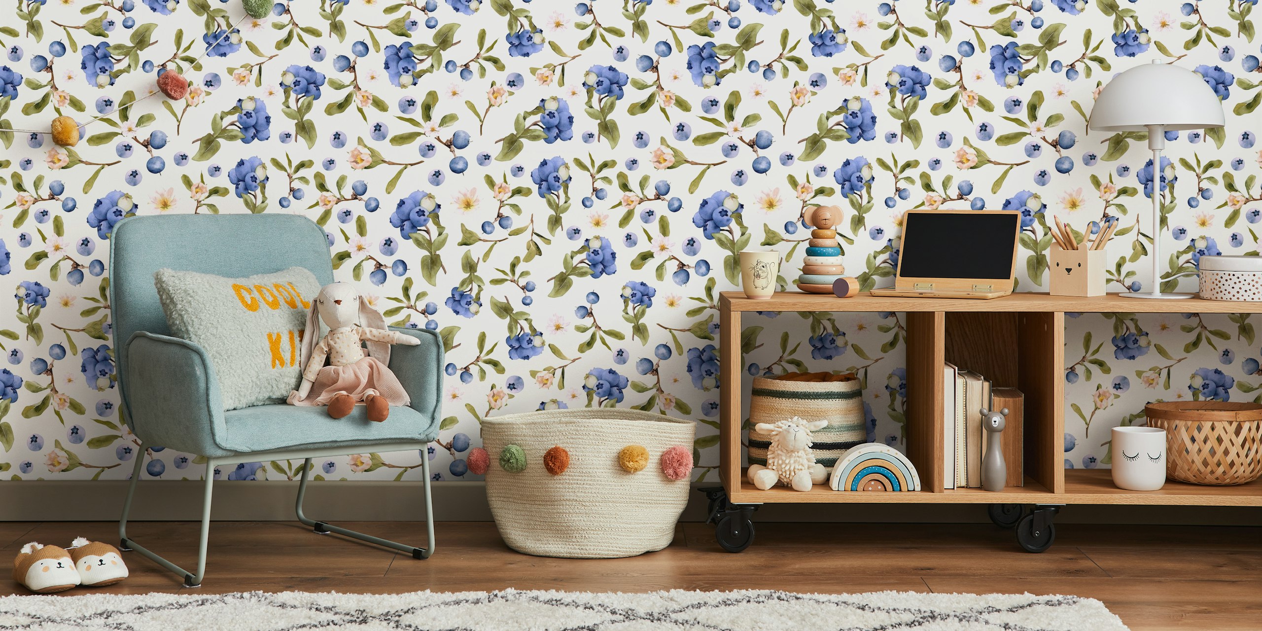 Fotomural Midsummer Blueberries Pattern 2 con arándanos y flores