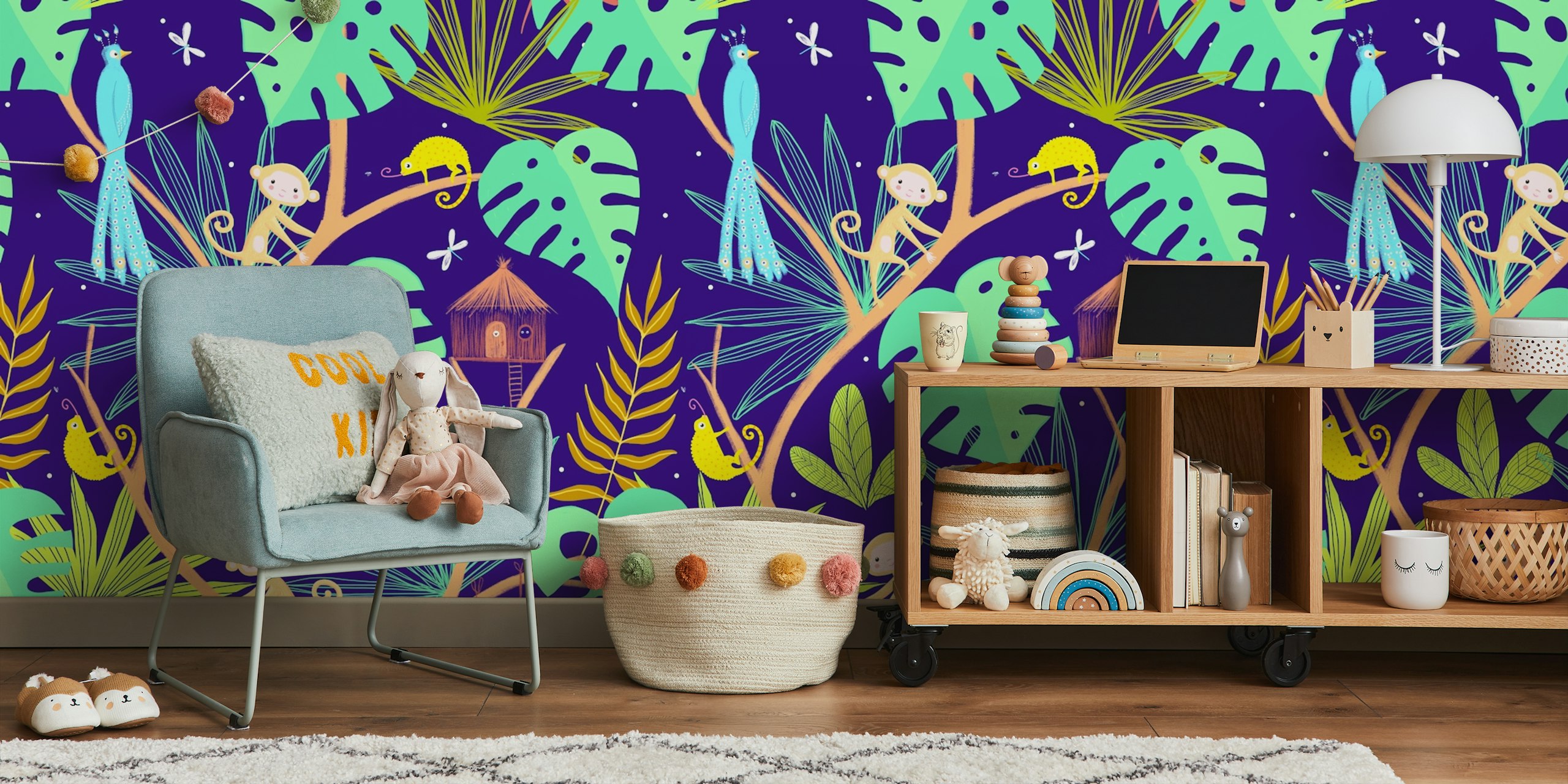 Jungle wallpaper with parrots and monkeys for kids