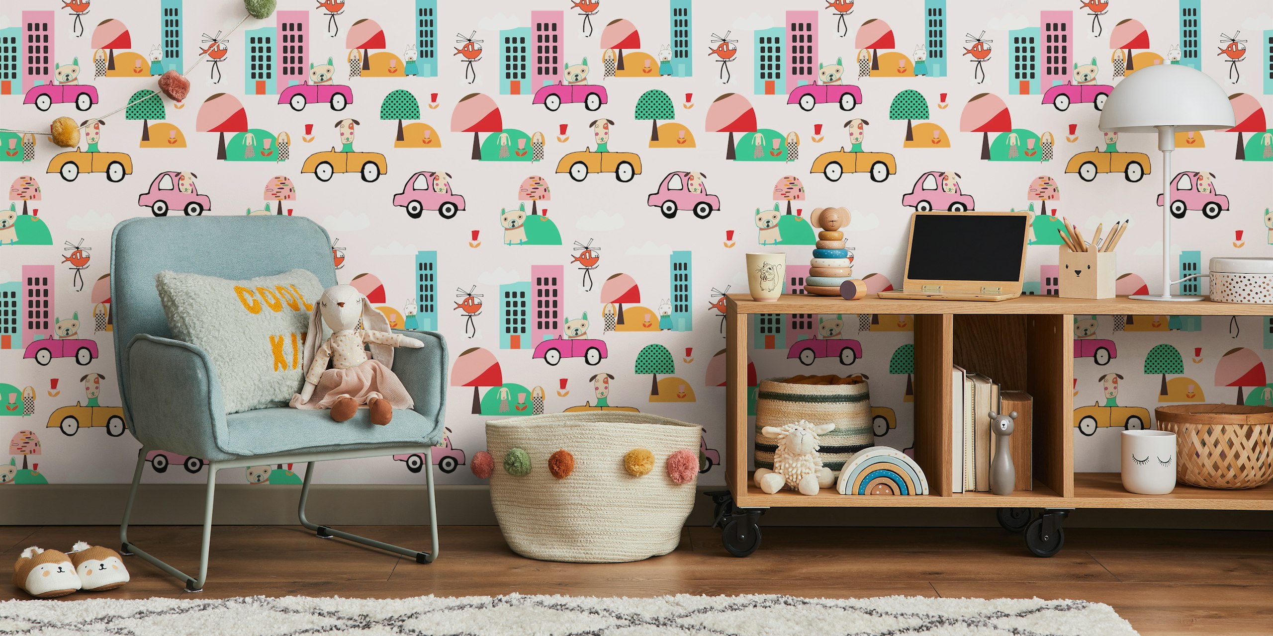 Cute dogs driving in a pink city wallpaper