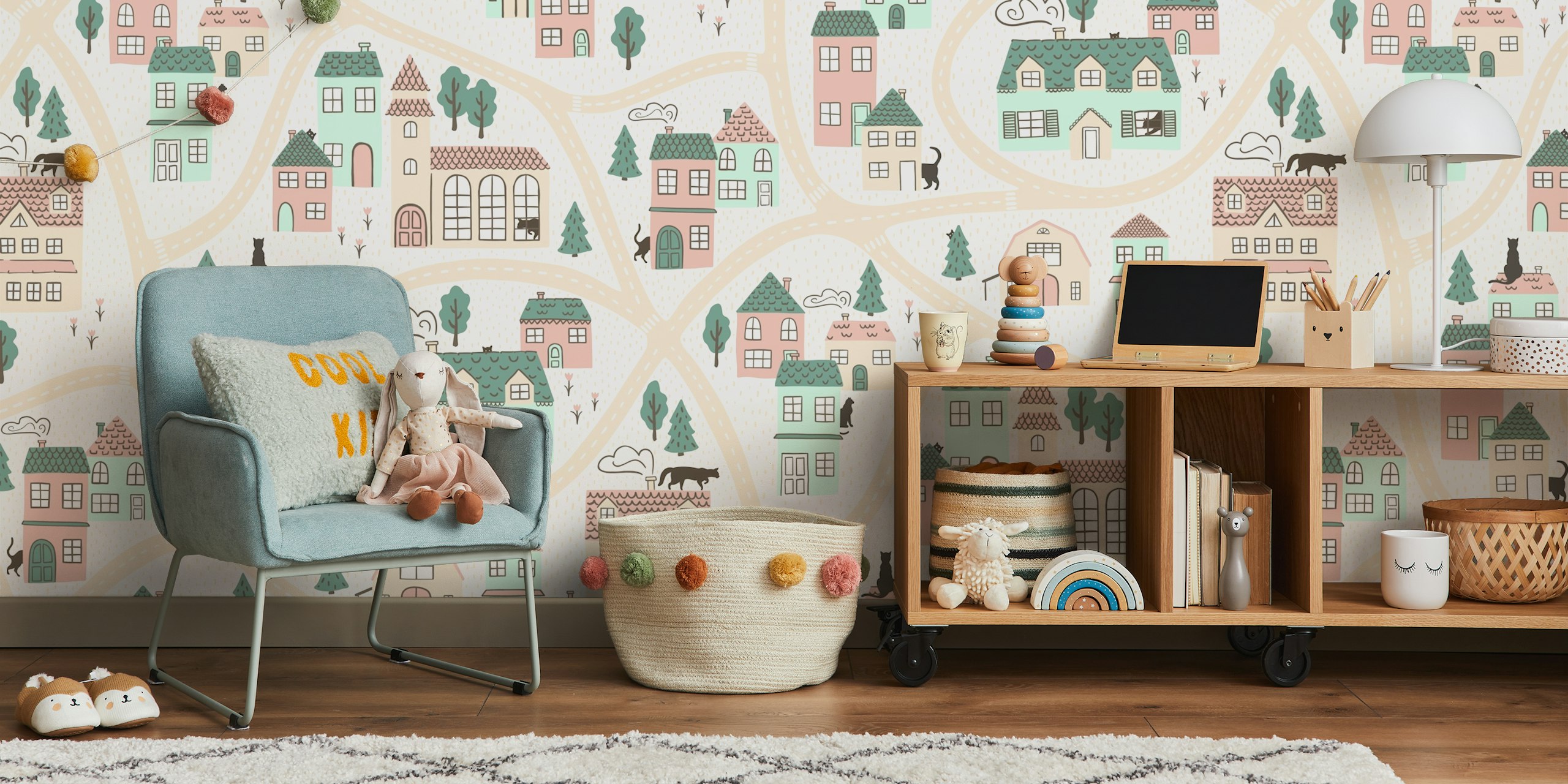 Huisjes en katten in pastelkleuren behang