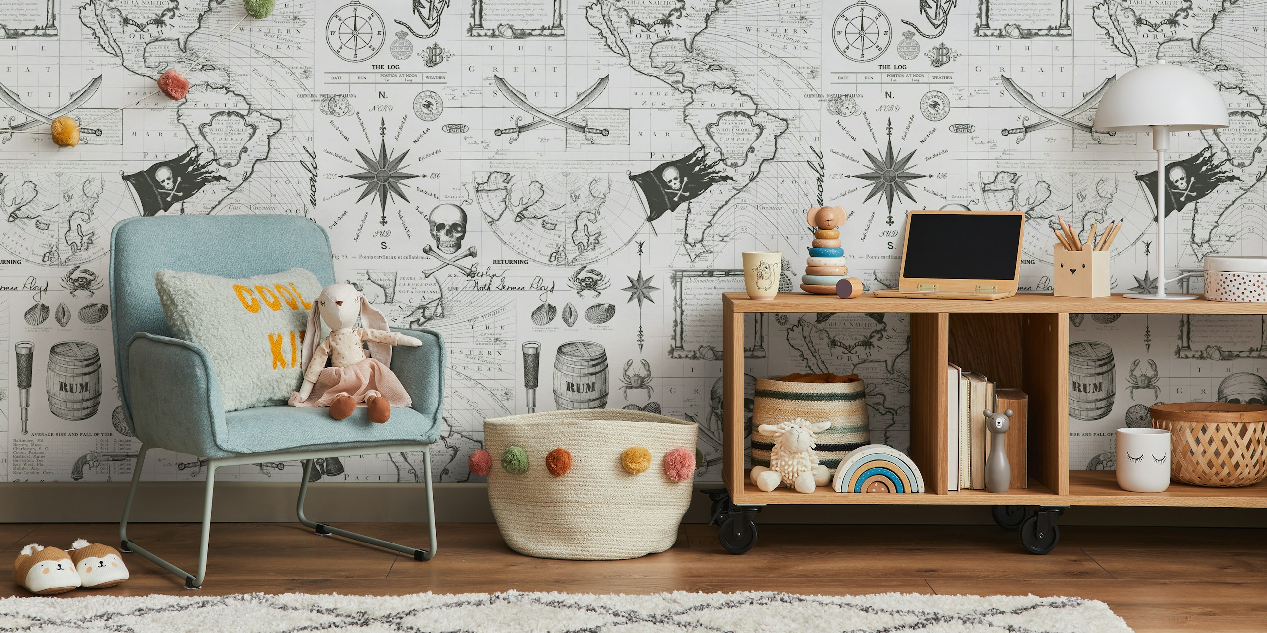 Papel pintado pirate pattern Greyscale en una habitación