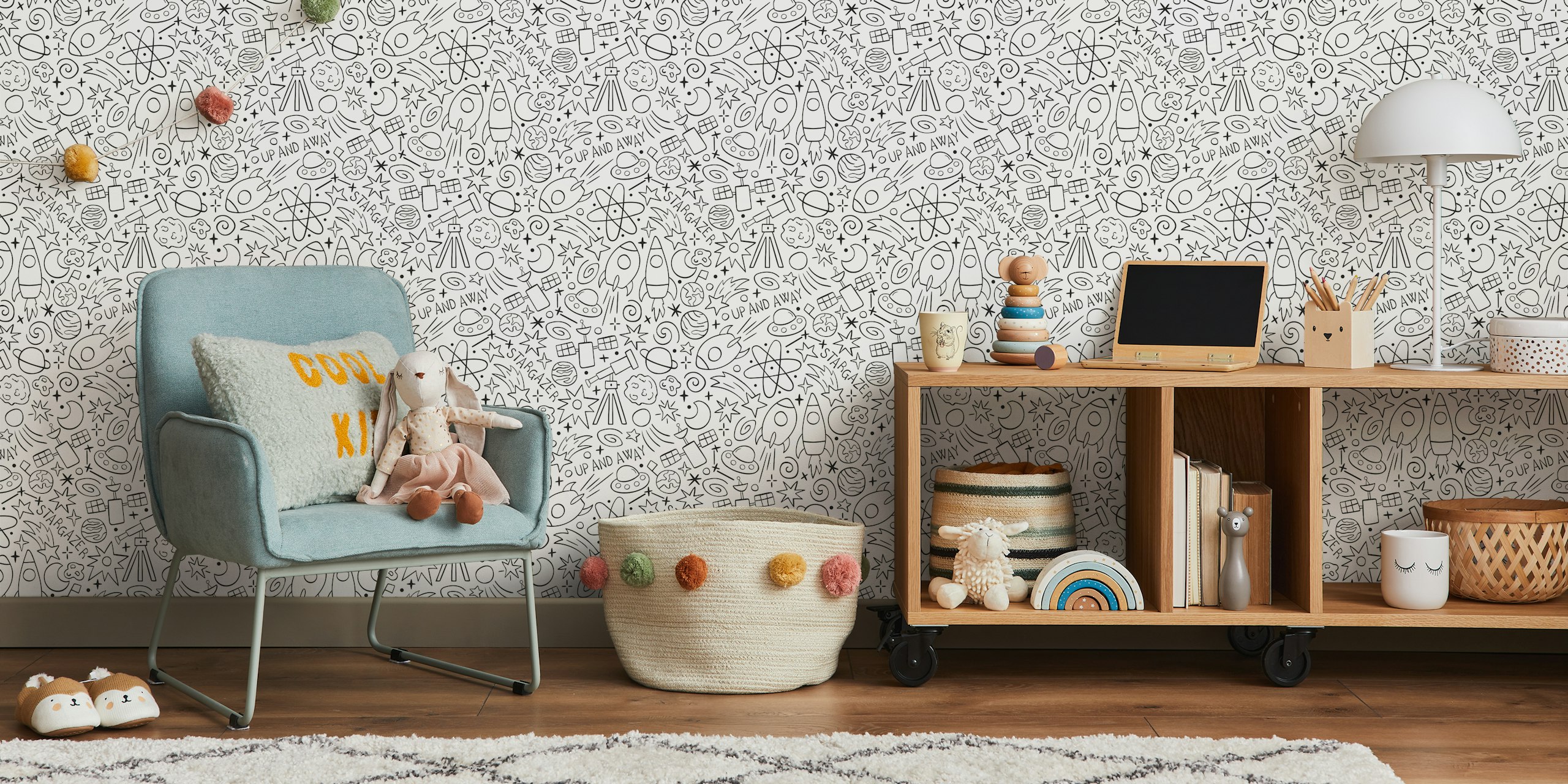 Whimsical wallpaper design with doodles in a room