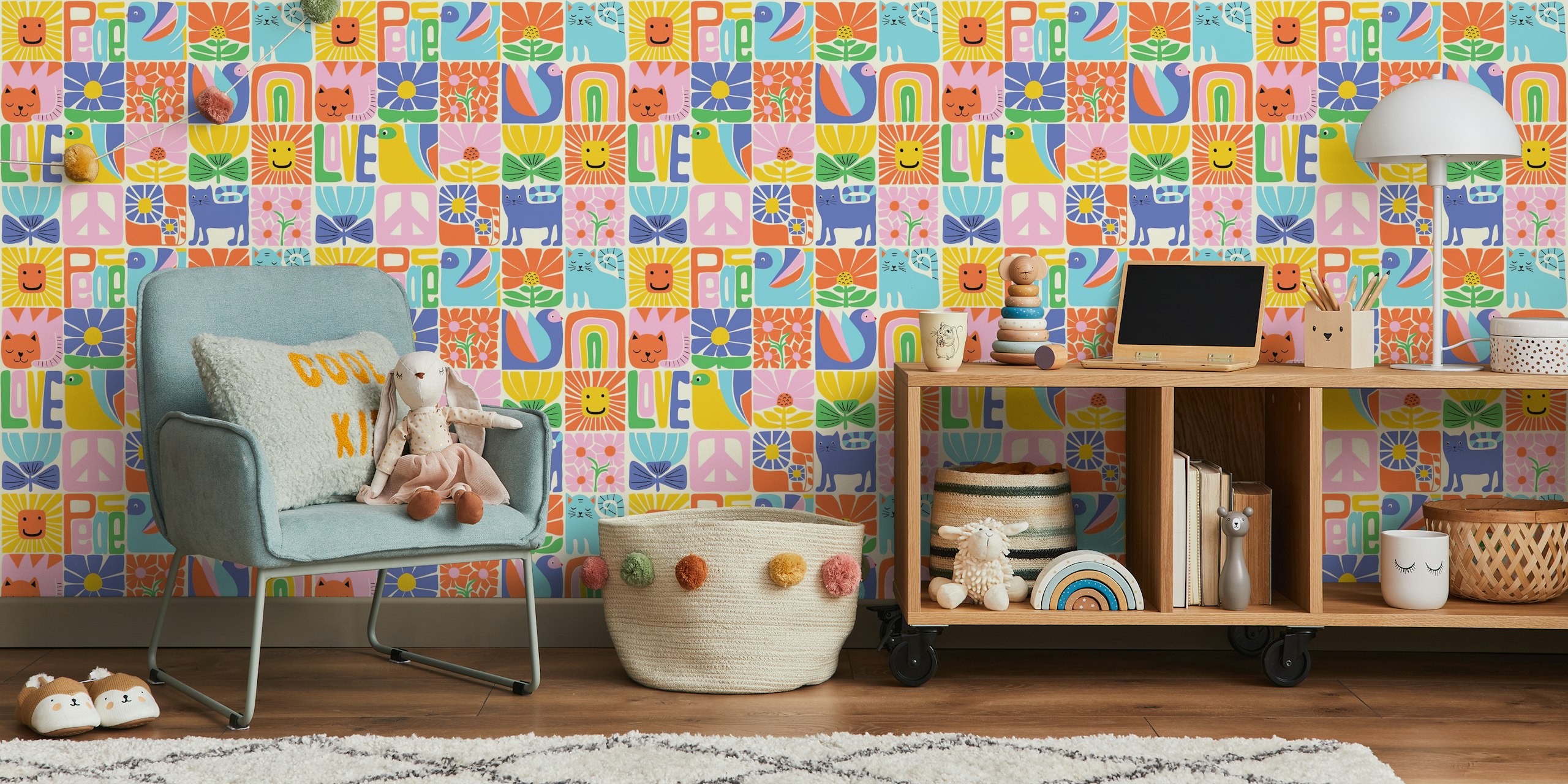 Colorful checkerboard folk art wallpaper with flowers and animals