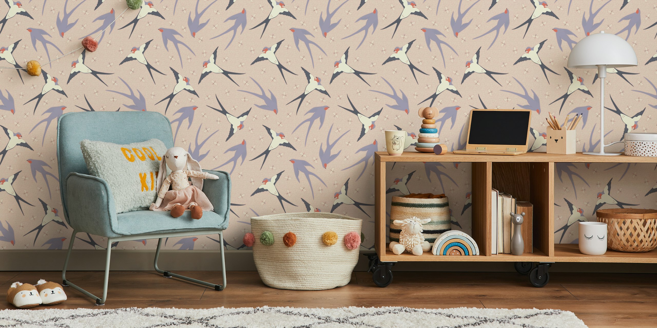 Swallows and dragonflies wallpaper in a room