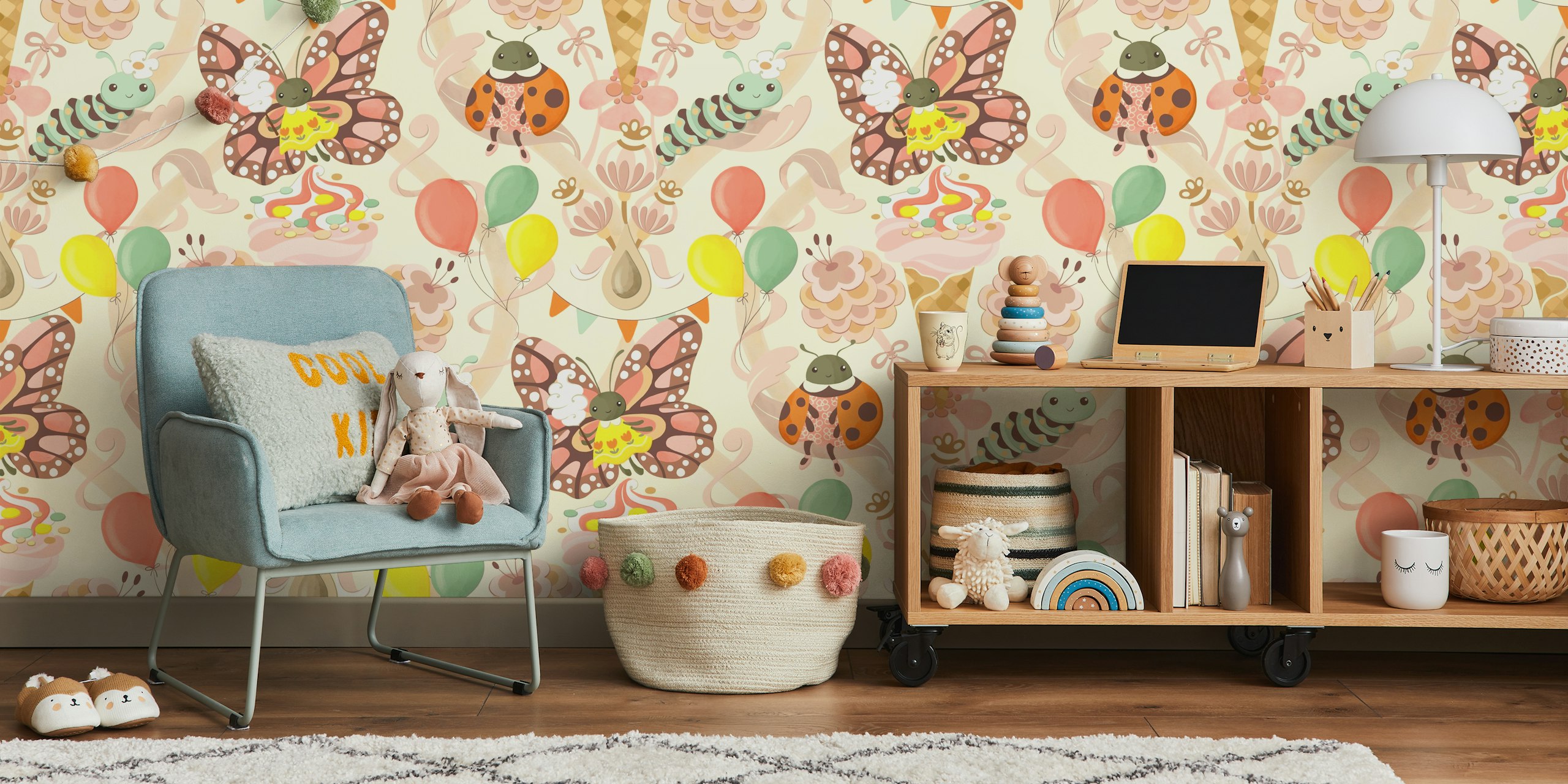 Colorful butterflies, balloons, flowers, and playful designs wallpaper
