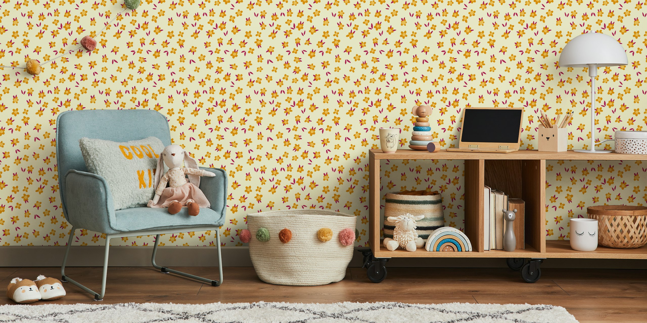 Yellow background with tiny orange and maroon flowers wallpaper