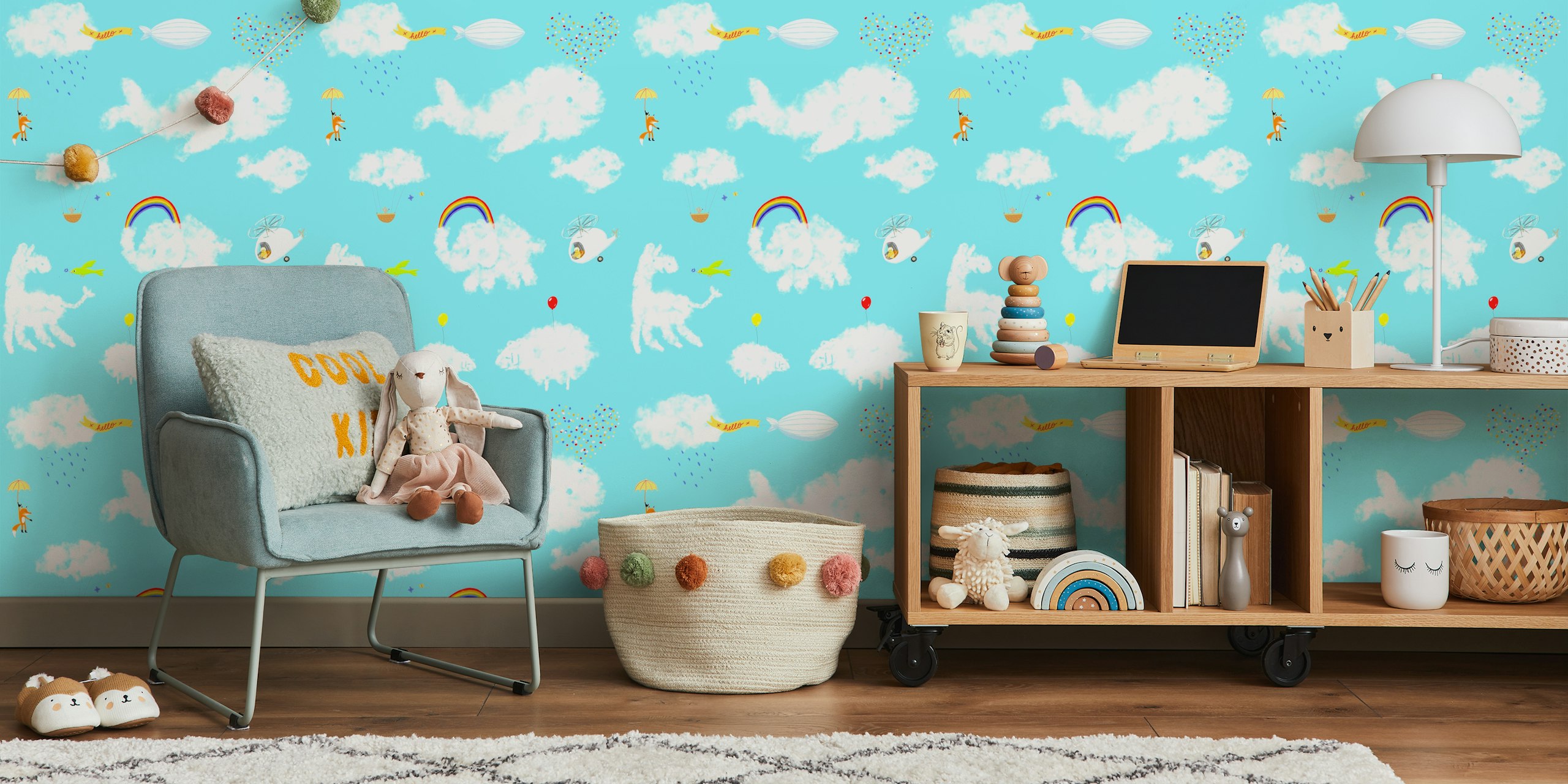 Whimsical clouds, rainbow, fox, and helicopter on blue wallpaper