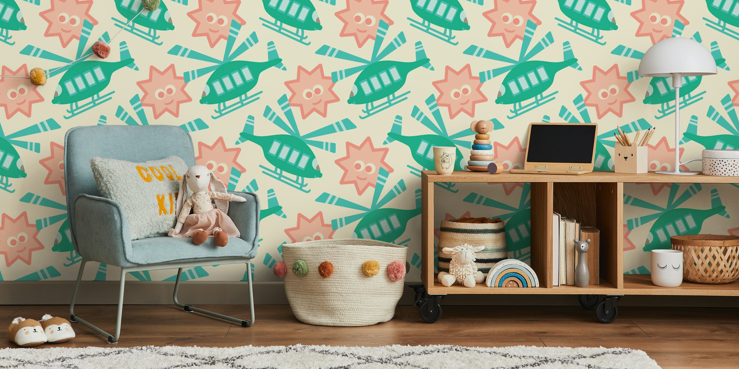 Cartoon helicopters and suns pattern wall mural for kids room