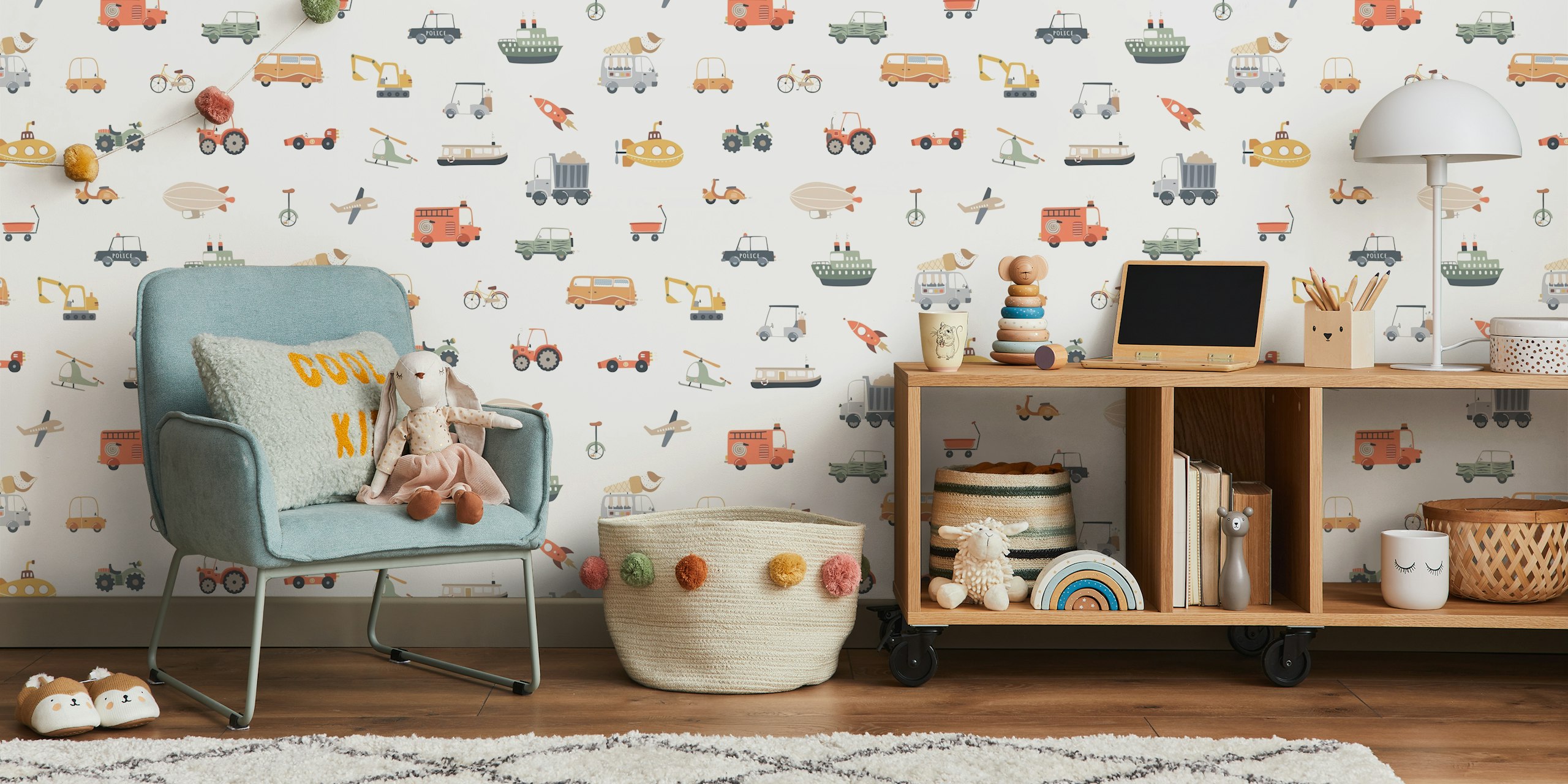 Kids vehicles wallpaper featuring colorful cars, boats, and planes on cream background