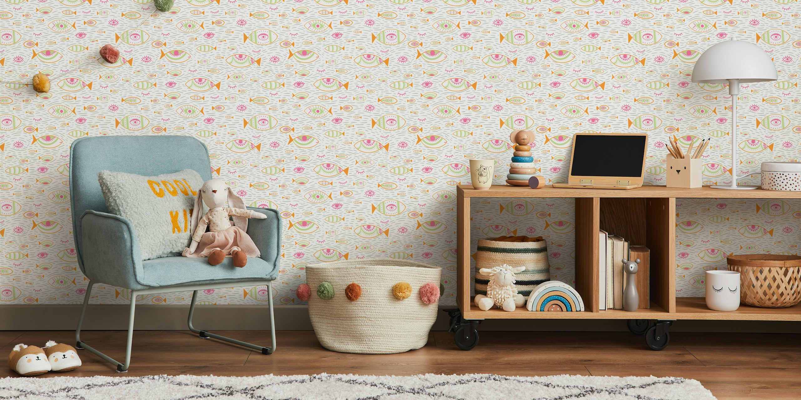 Colorful fish and eye patterns on light background wallpaper