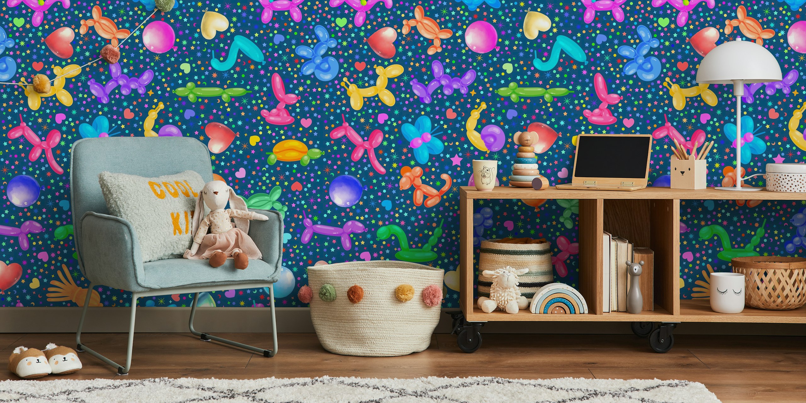 Balloon animals and colorful stars wallpaper design