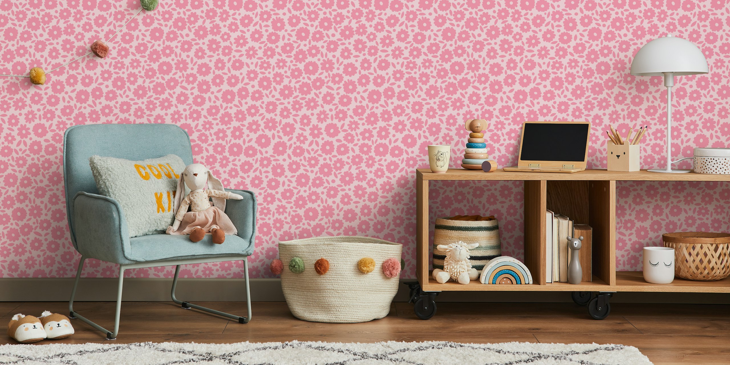 Ditsy Daisy - Pinks wall mural with small pink daisies on a pastel background