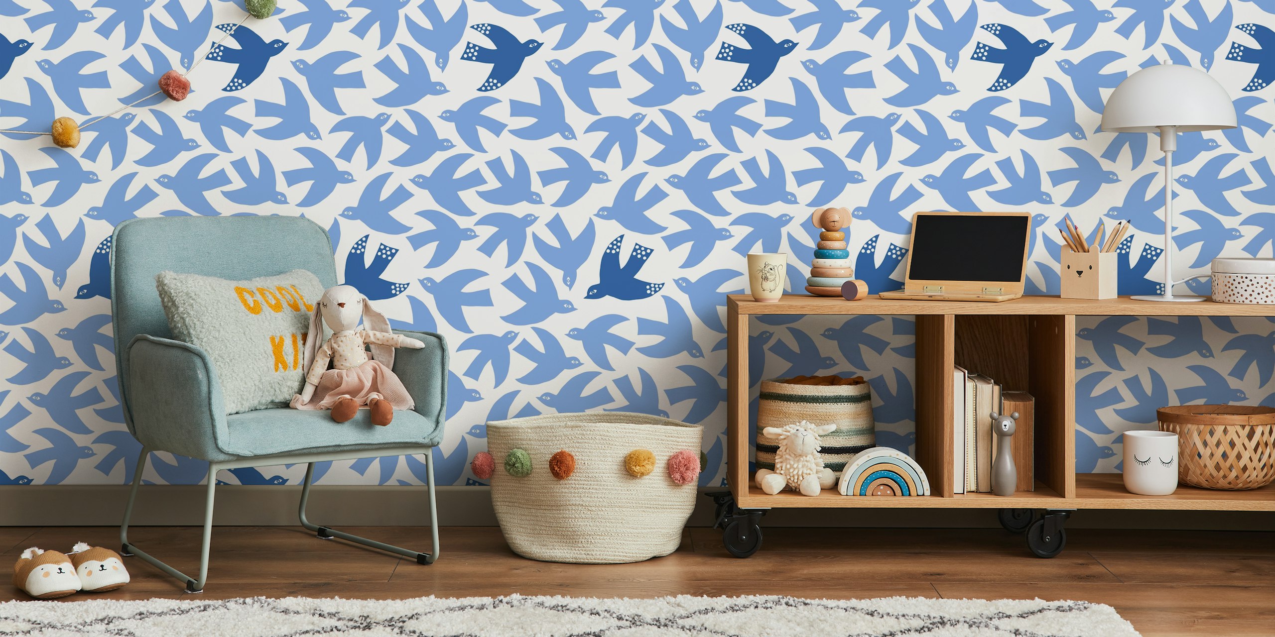 Blue bird silhouettes on white background wallpaper