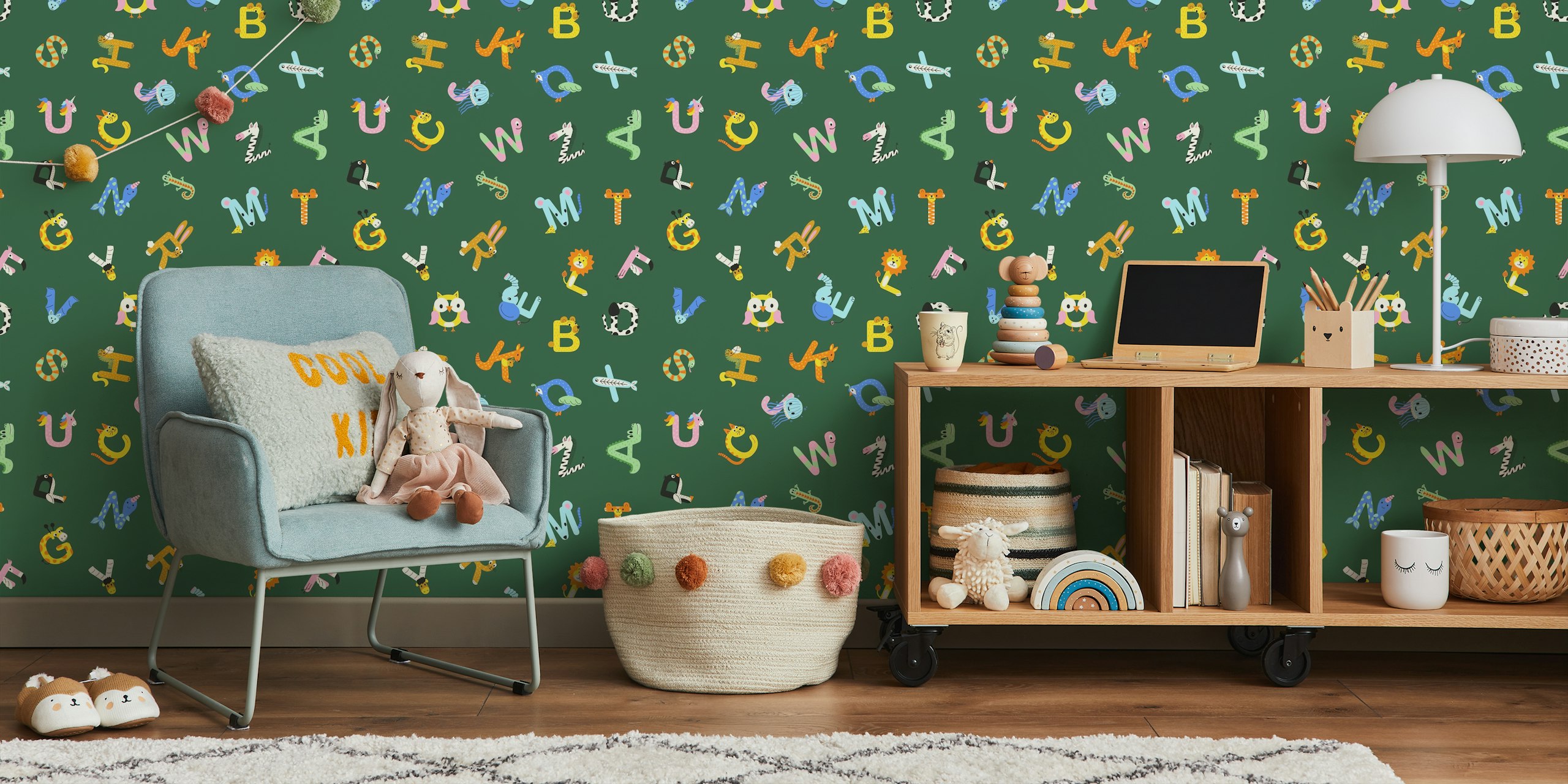 Colorful animal letters on dark green background wallpaper