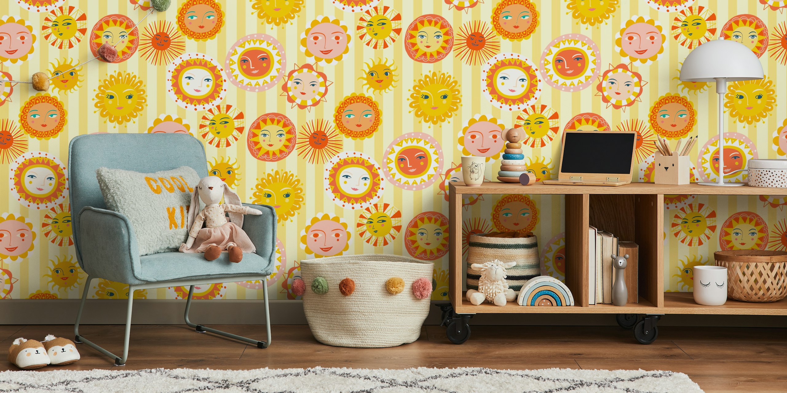 Colorful sun patterned wallpaper in a room